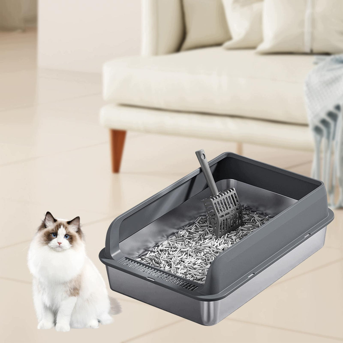 Open Litter Box for Indoor Cats Portable with High Sides Dark Grey and M