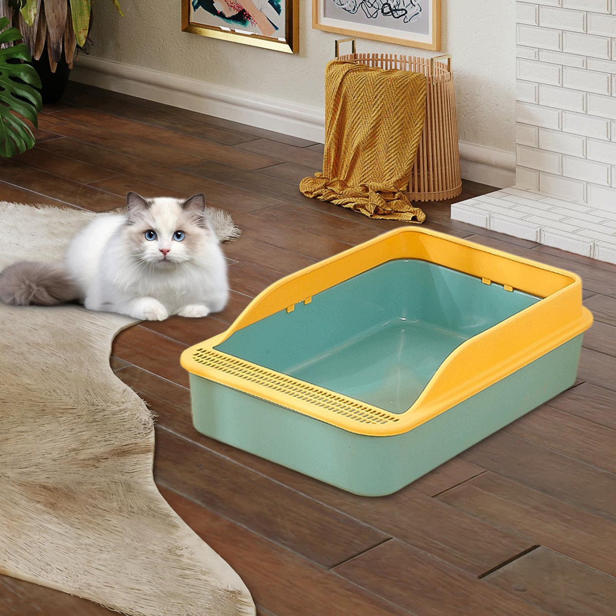 Open Top Box with High Side Cat Bedpan Anti Splashing Open Top Pet green M