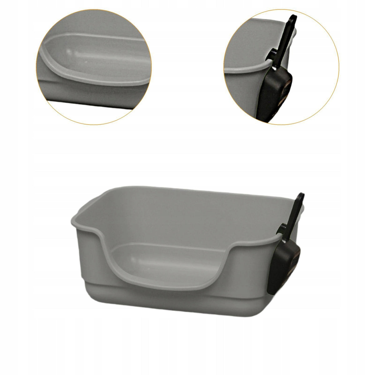 Open Top Pet Litter Box Large Space Easy Carry with Scoop U Shape Gray Packaging status original