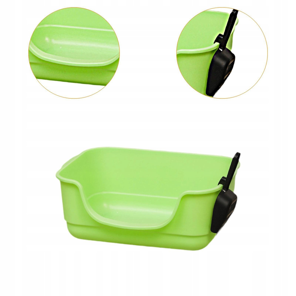 Open Top Pet Litter Box Large Space Easy Carry with Scoop U Shape Green Packaging status original