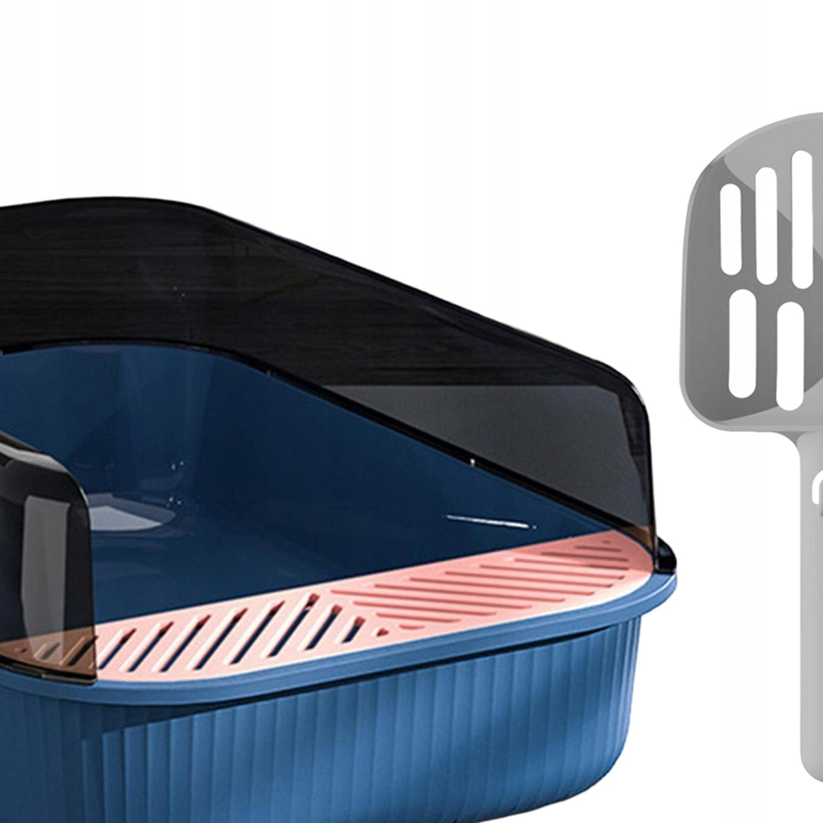 Open Top Pet Litter Tray Toilet Nonstick Container with Scoop Deep Blue Packaging status original