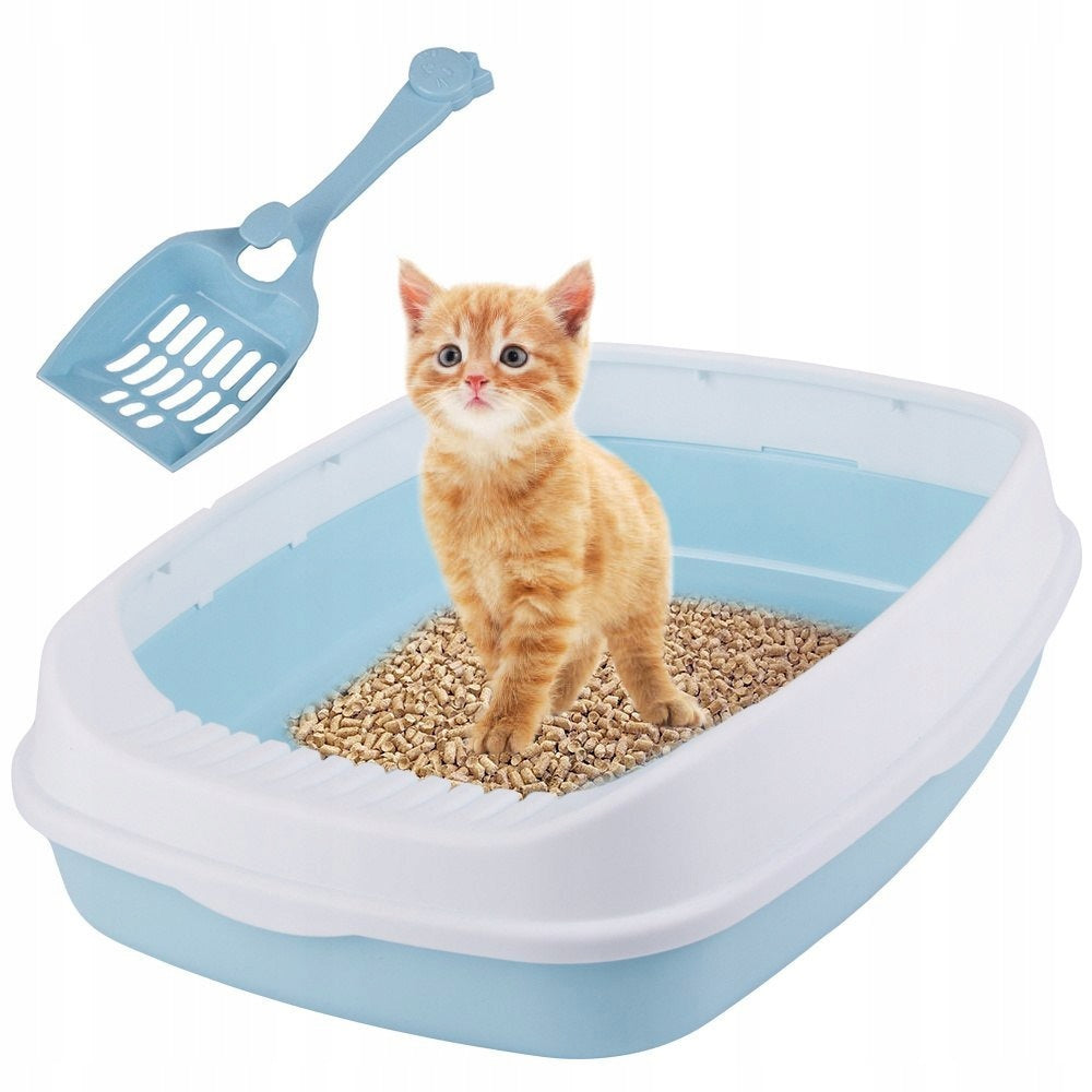 Open cat litter box with frame and large spatula