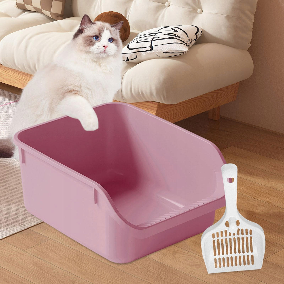 Open lidded Cat Litter Box, Semi enclosed Cat Litter Box, Lightweight pink
