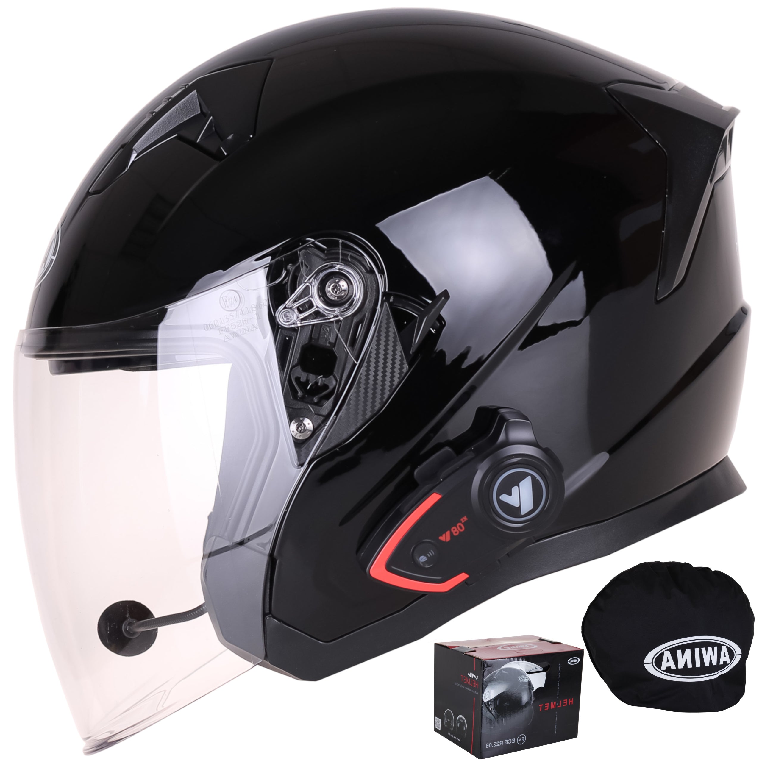 Open motorcycle helmet AWINA black glass blend + INTERCOM BLUETOOTH