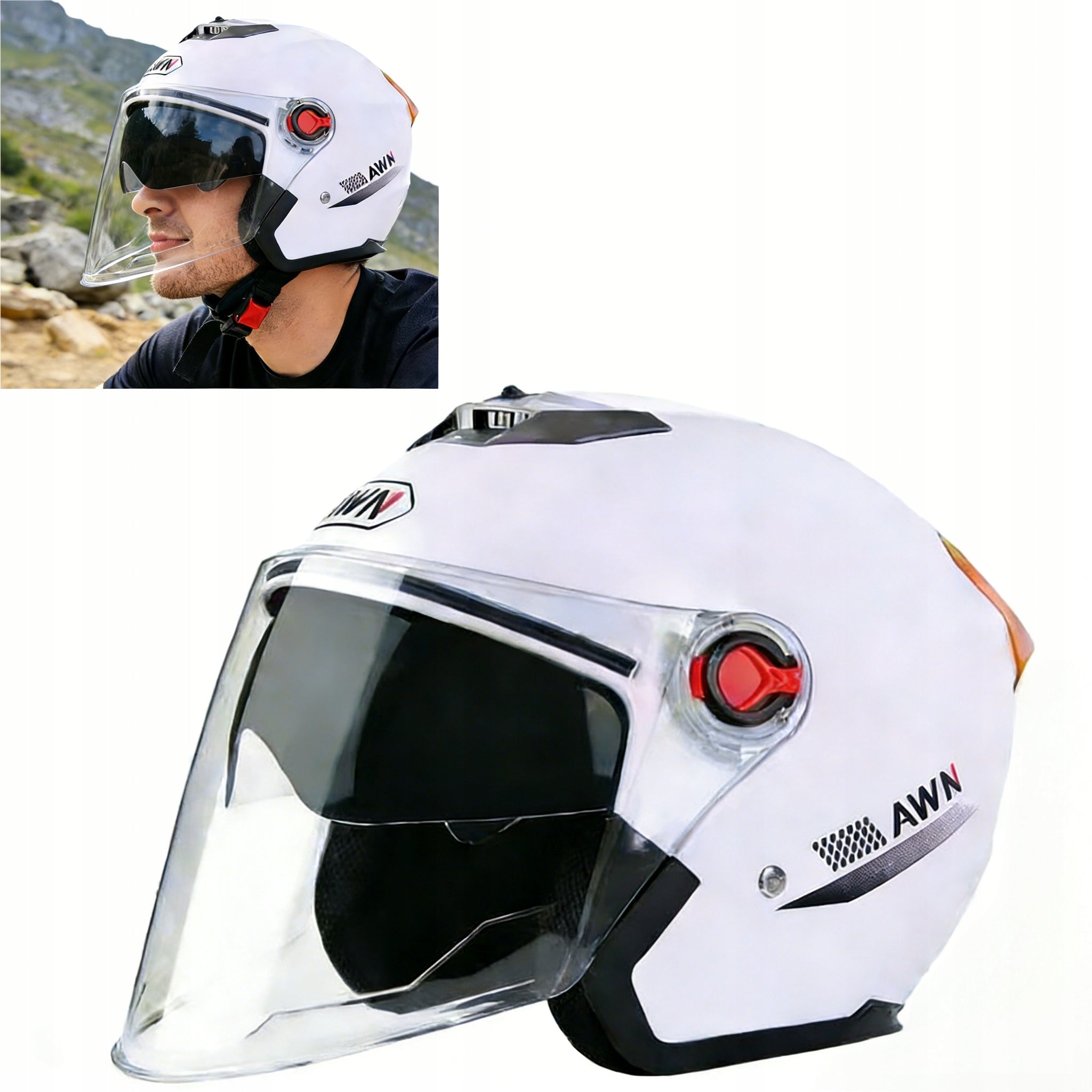 Open motorcycle helmet white with visor and vizor