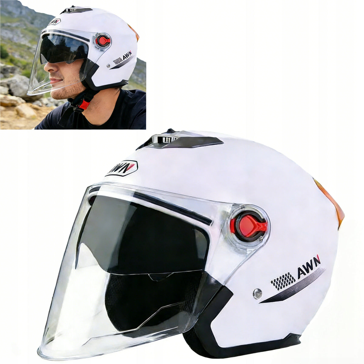 Open motorcycle helmet white with visor and vizor