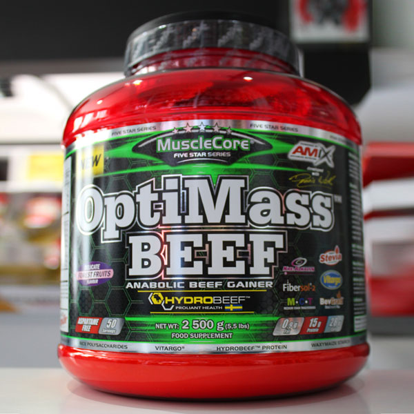 OptiMass BEEF with Hydrobeef 2500g forest fruits Manufacturer code Gainer, odżywka na masę bez cukru Amix