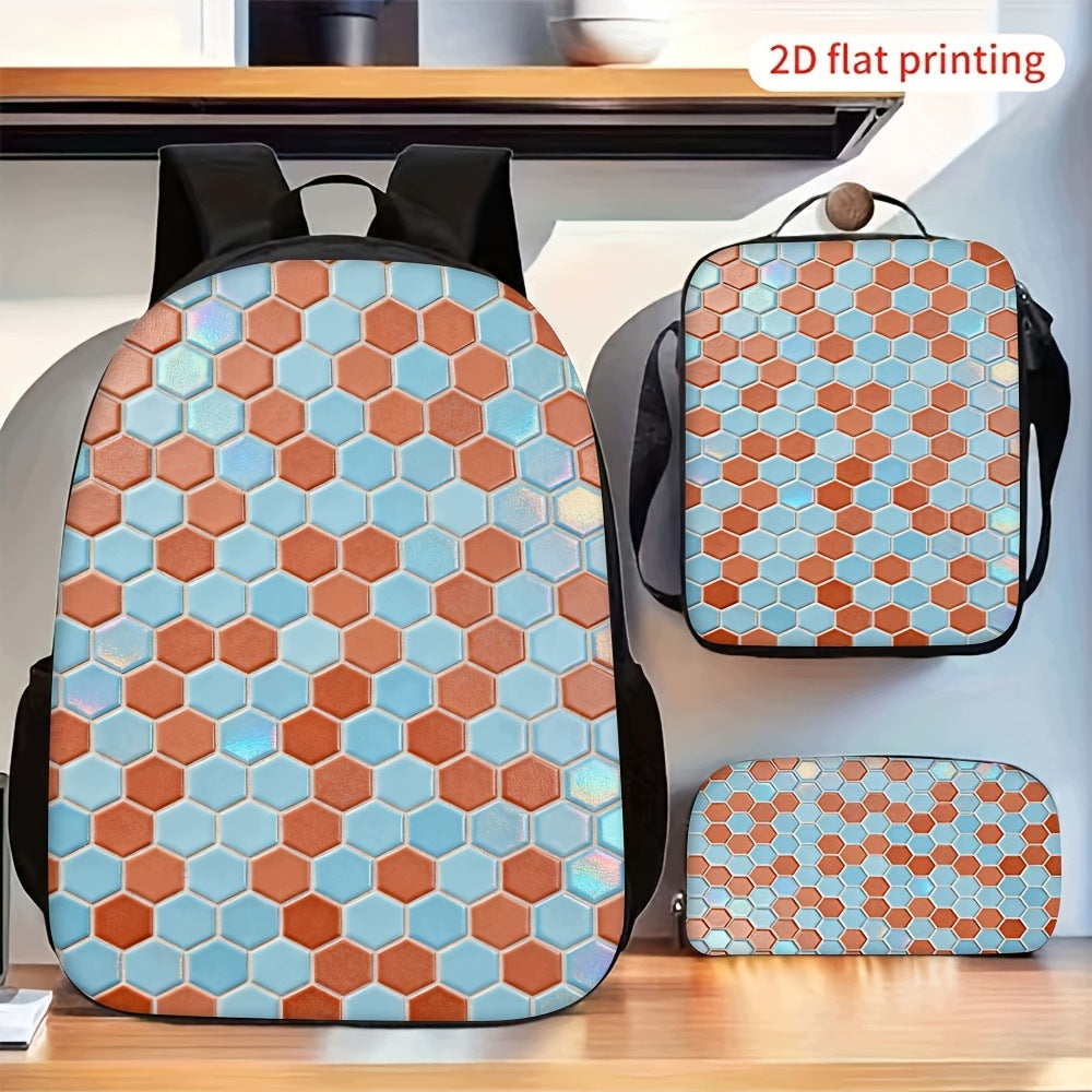 Orange Blue Hexagon Honeycomb Geometric Print 3-Piece Daily Backpack Set