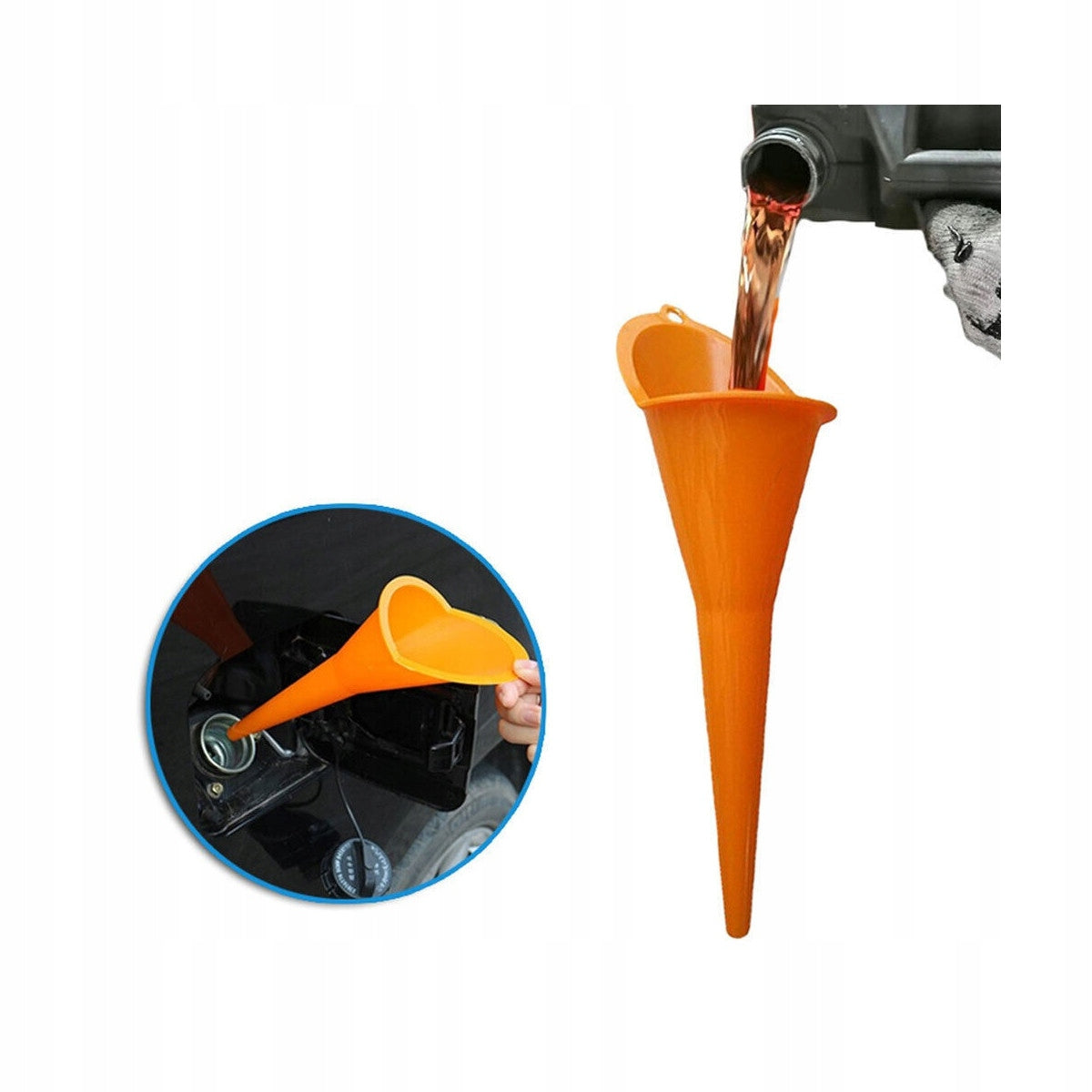 Orange plastic funnel for gasoline, oil, water, etc. 28 cm