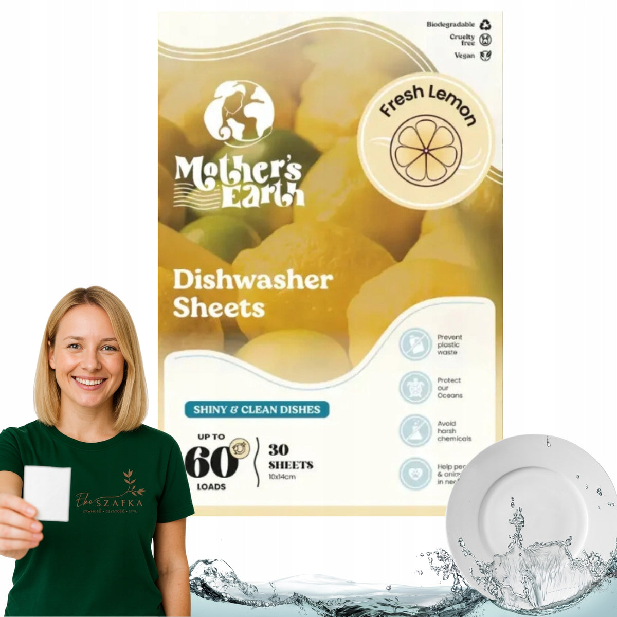 Organic Dishwasher Leaves LEMON Tablets Mother's Earth 60 WASH Packaging status original