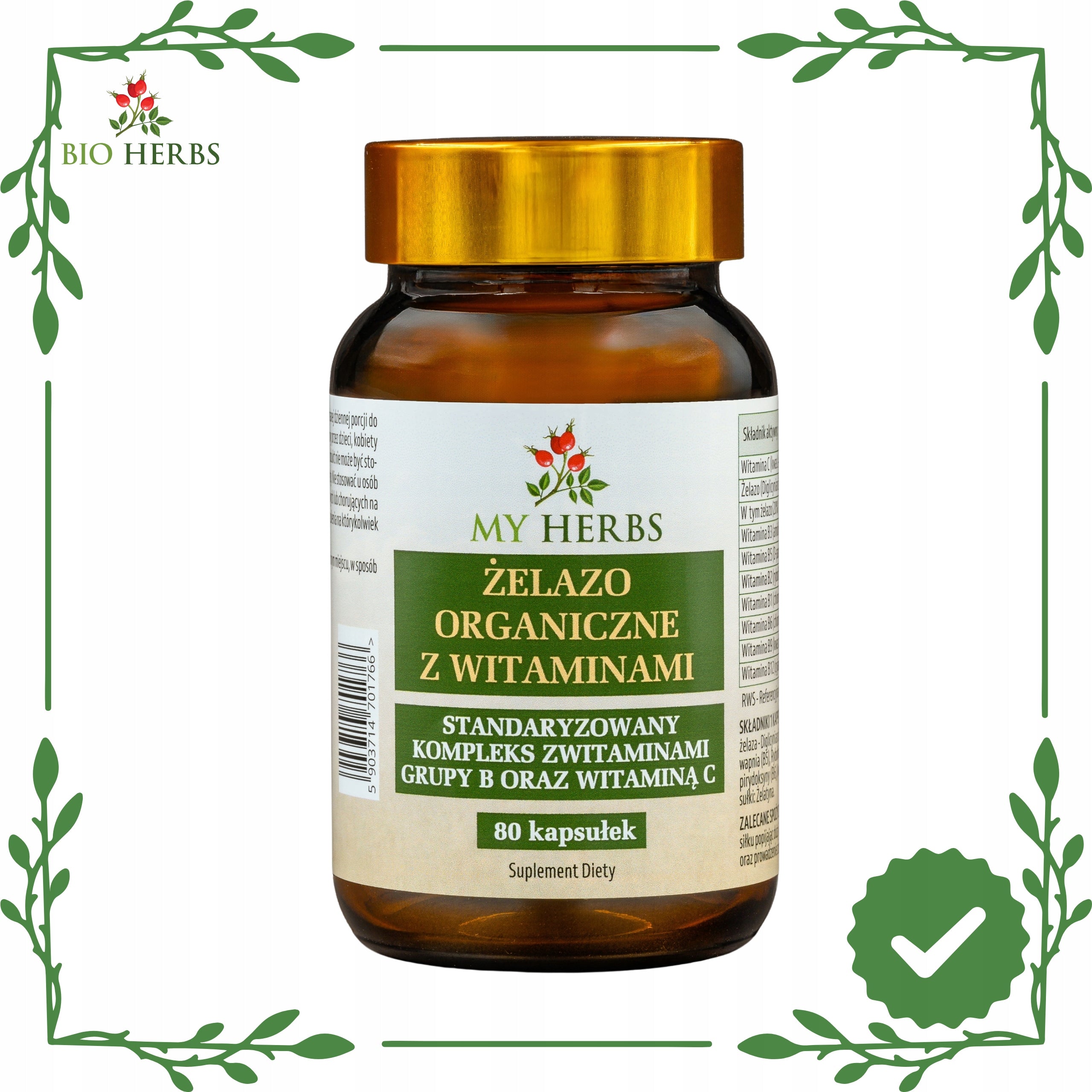 Organic Iron with Vitamins B Complex and C 80 caps natural absorbable Medical device no