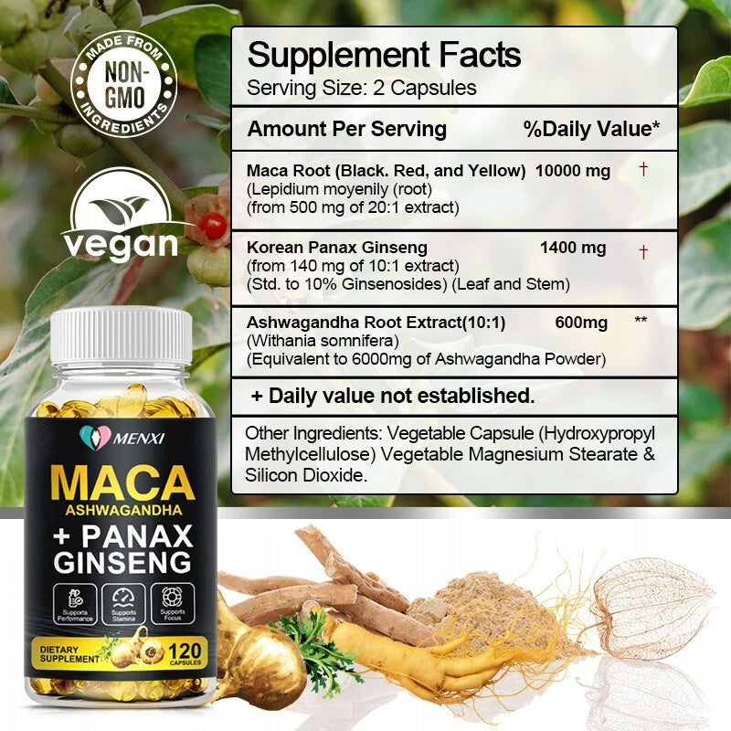 Organic maca root 120 capsules 12000 mg, Peruvian maca extract Packaging status original