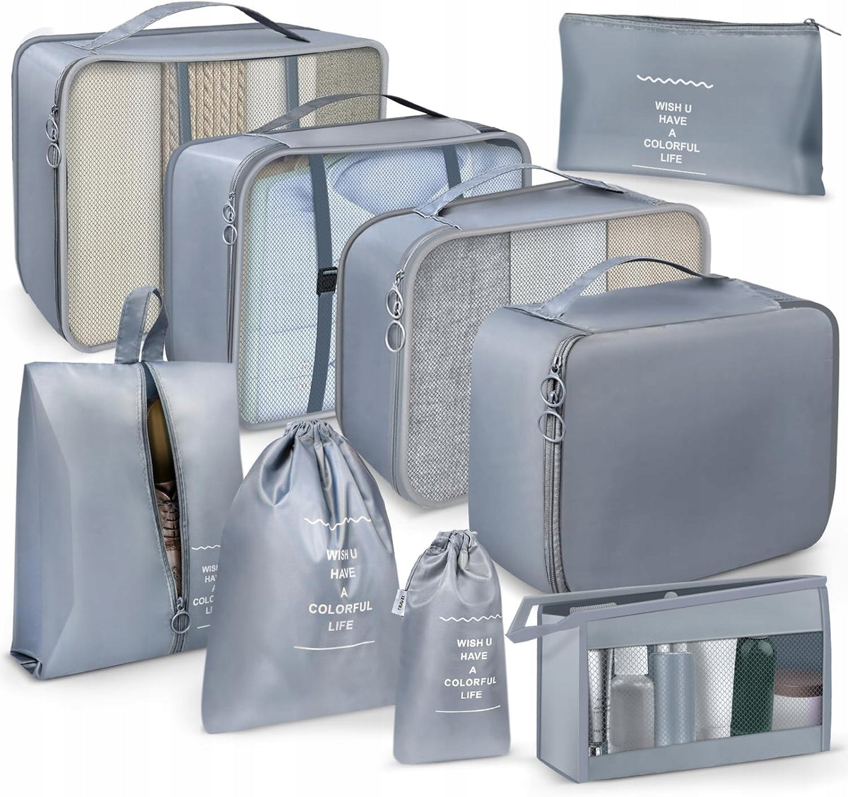 Organization Bags For Suitcase 9 Pcs Travel Packing Set Grey Packaging status original