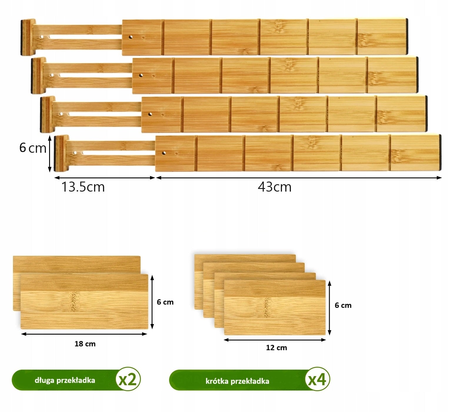 Organizer for Drawer Compartment Adjustable 43-56 cm Bamboo 10 elements Product height 6 cm