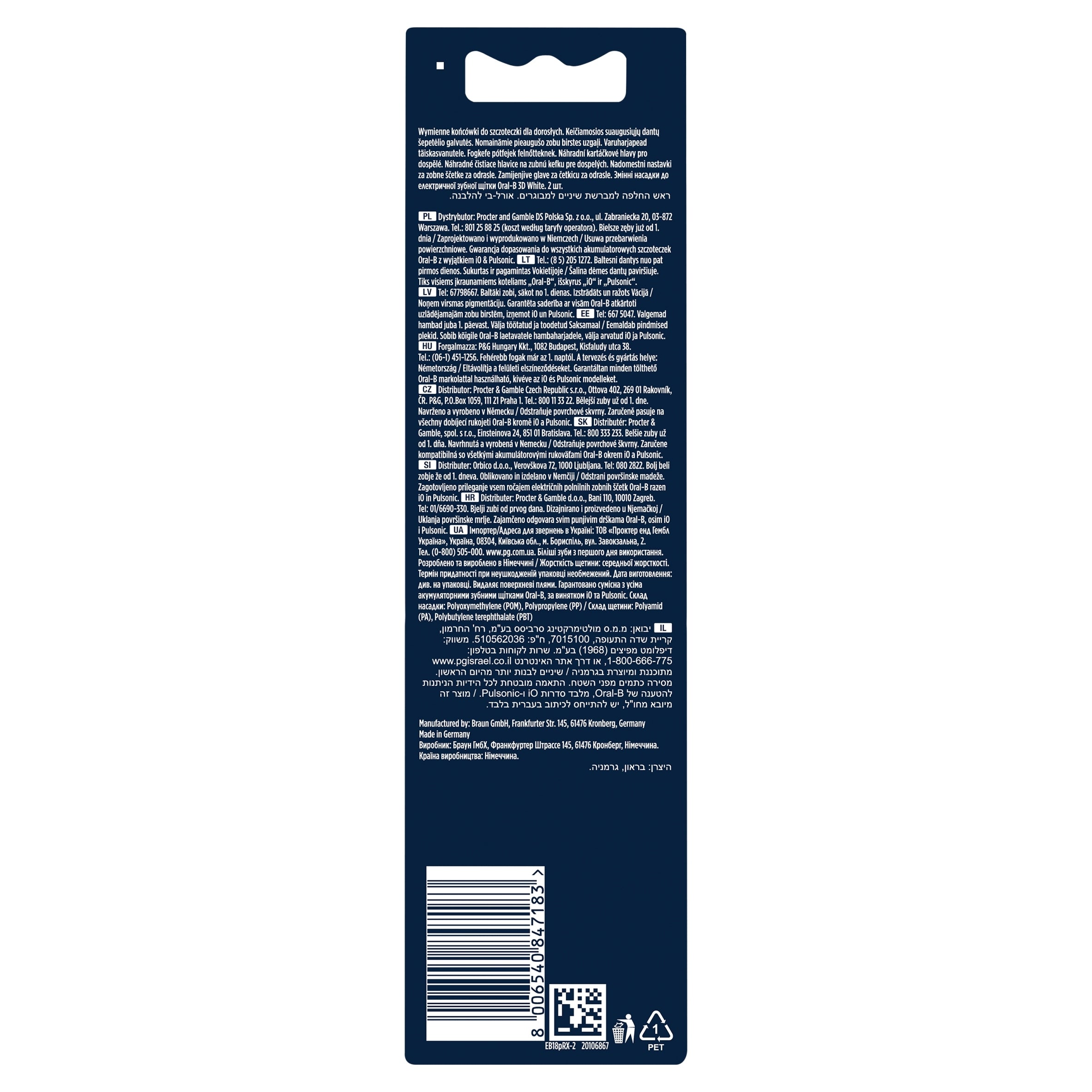 Original Braun toothbrush tips Oral-B EB18 3D White 2 pcs. Manufacturer code 8006540883525