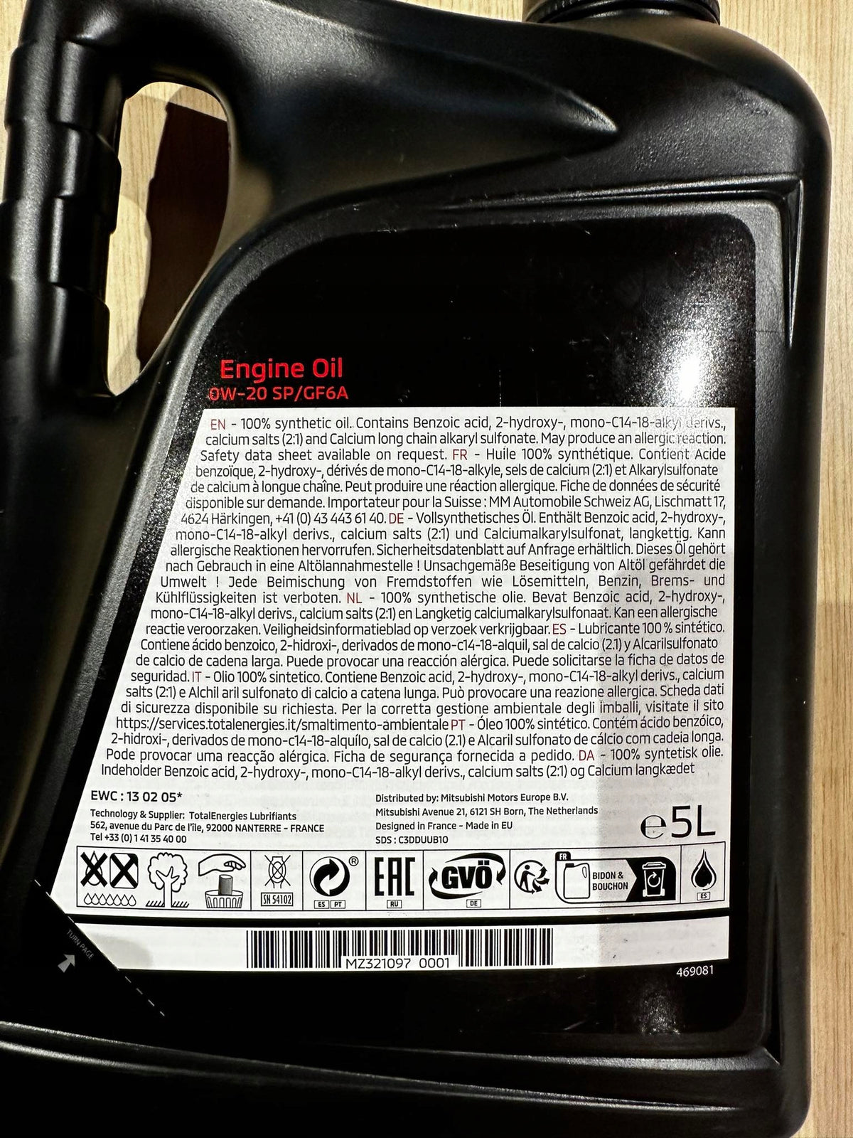 Original Engine Oil Mitsubishi 0W-20 5L SP/GF6A Manufacturer code MZ321097