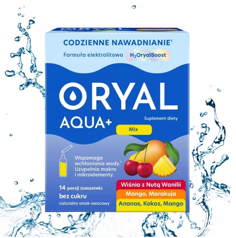 Oryal Aqua+ electrolytes with prebiotic MIX OF FLAVORS 14 sachets