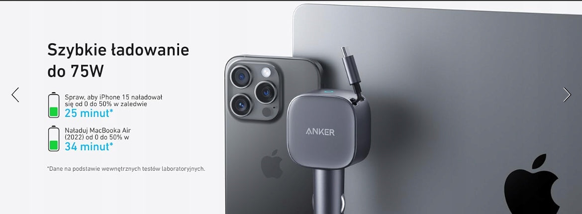 Oryginalna Ładowarka Samochodowa Anker USB-C 75W Mocna Zwijany kabel Manufacturer Anker