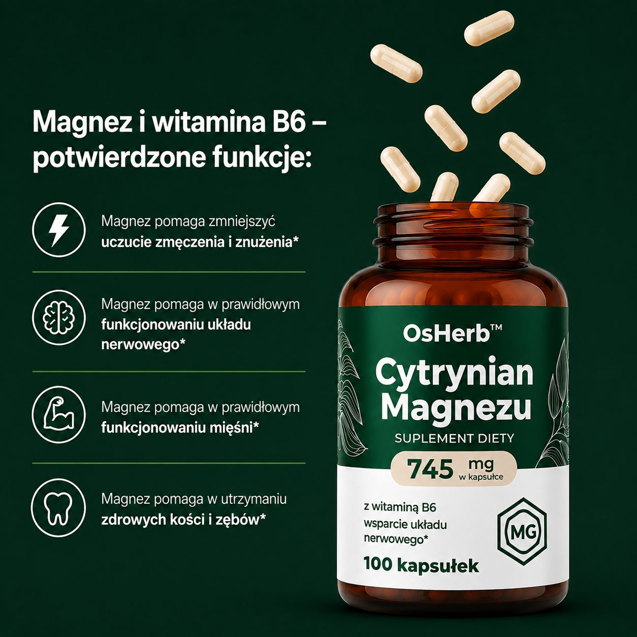 OsHerb Magnesium Citrate+B6 100% Simple Pure Composition Excellent Absorption Packaging status original