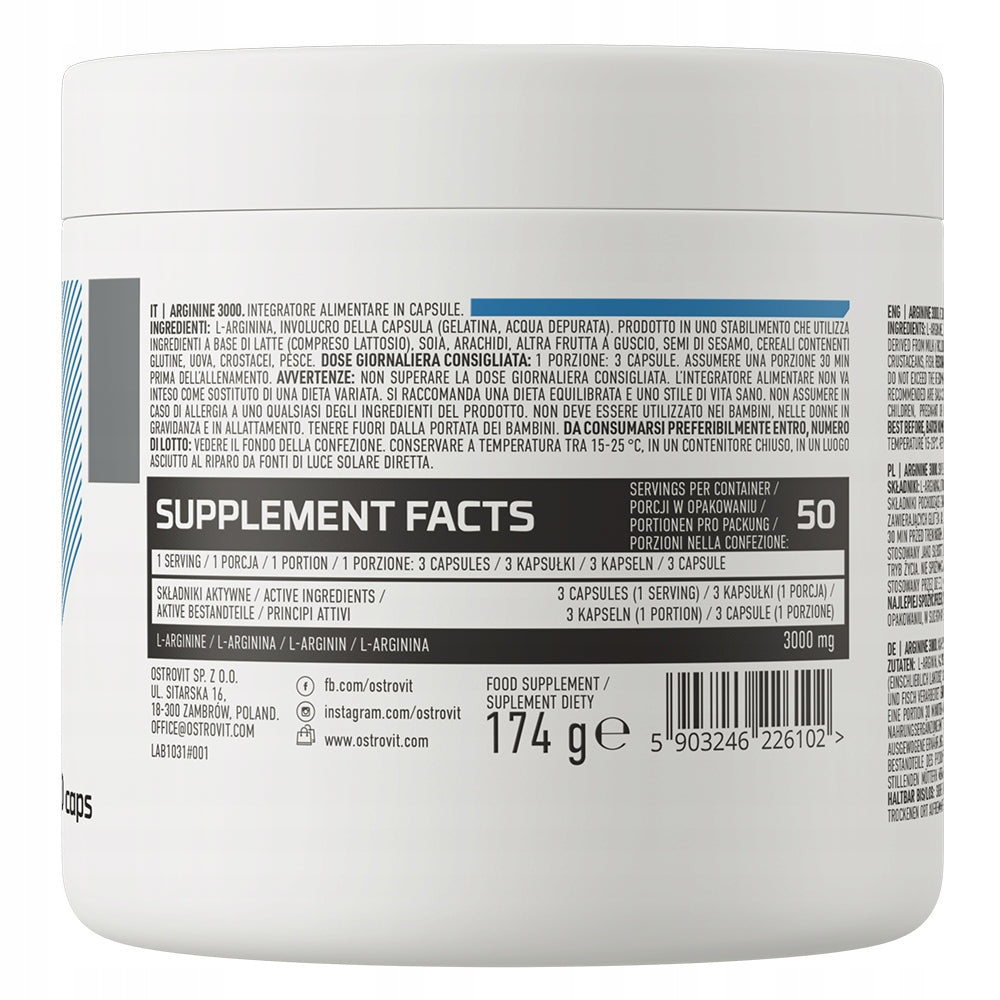 OstroVit Arginine 3000 mg 150 kaps L-ARGININA Nitrogen oxide PUMP 50 Servings Packaging status original