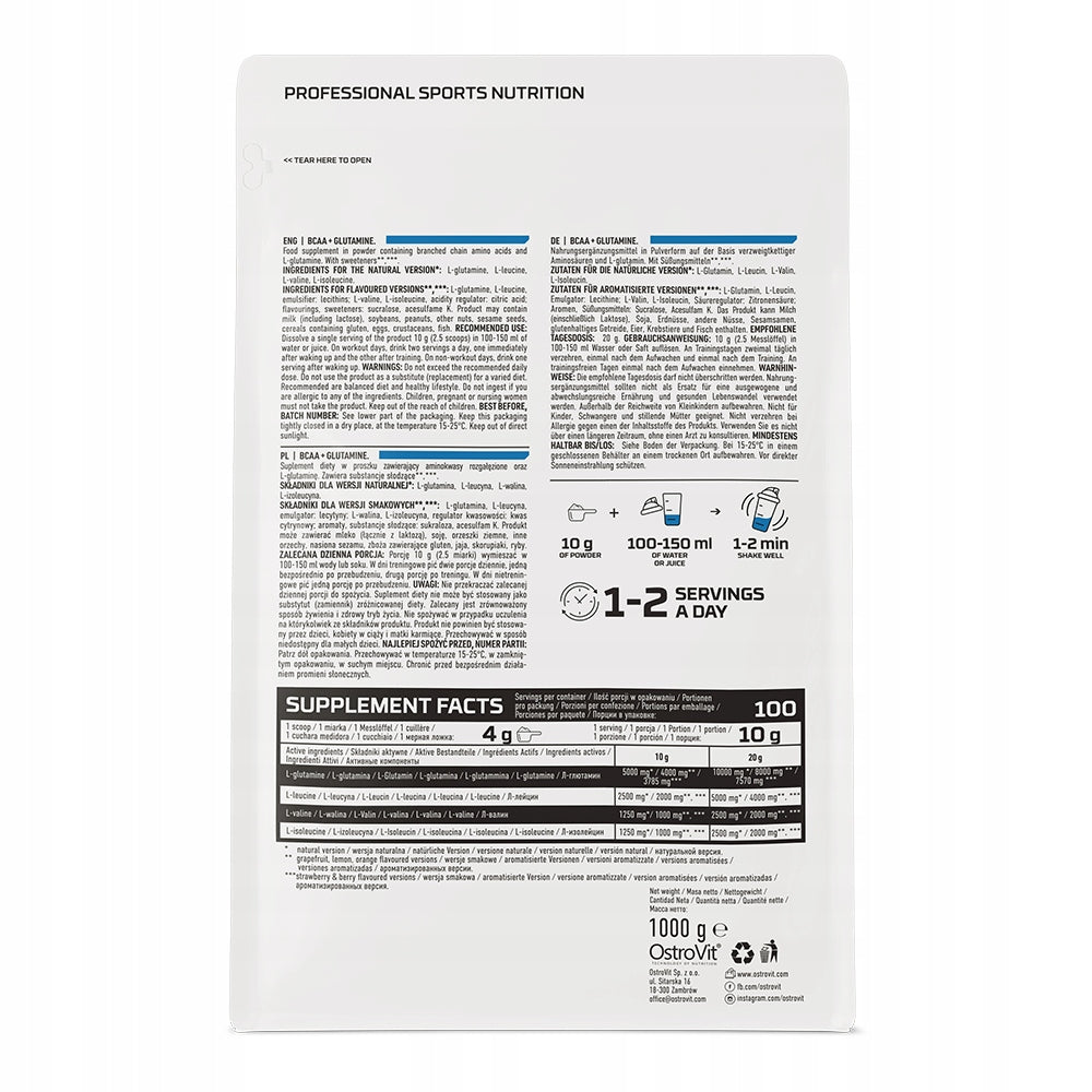 OstroVit BCAA + L-Glutamine 1 kg L-LEUCINE L-ISOLEUCINE L-VALINE Amino acids Expiration date at least six months from the date of purchase