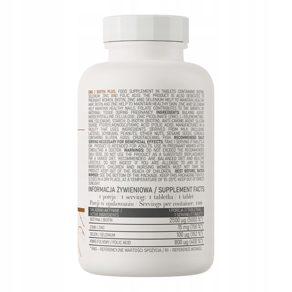 OstroVit Biotin Plus 100 tabs BIOTIN Zinc HAIR VITAMIN B7 Selenium Folic Acid Medical device no