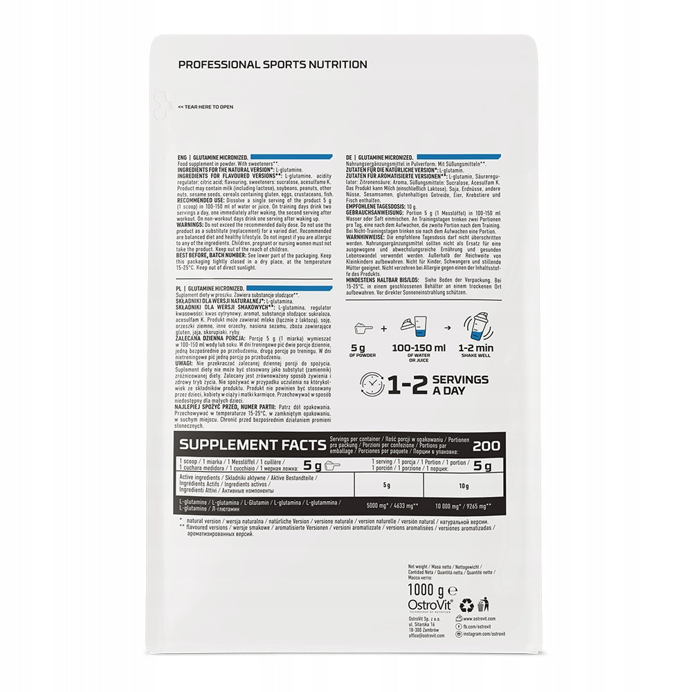OstroVit Glutamine 1000g Orange L-Glutamine Without Sugar Packaging status original