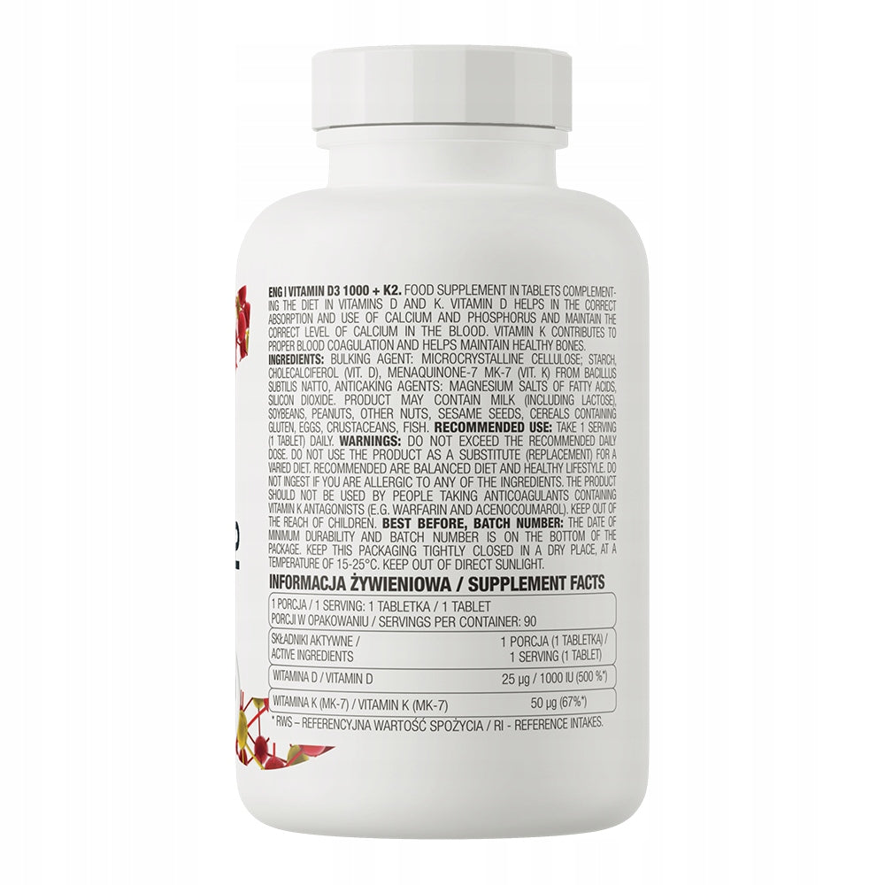 OstroVit Vitamin D3 1000 IU + K2 MK-7 90 tabs VITAMIN D3 CHOLECALCIFEROL Manufacturer code 5903933915104