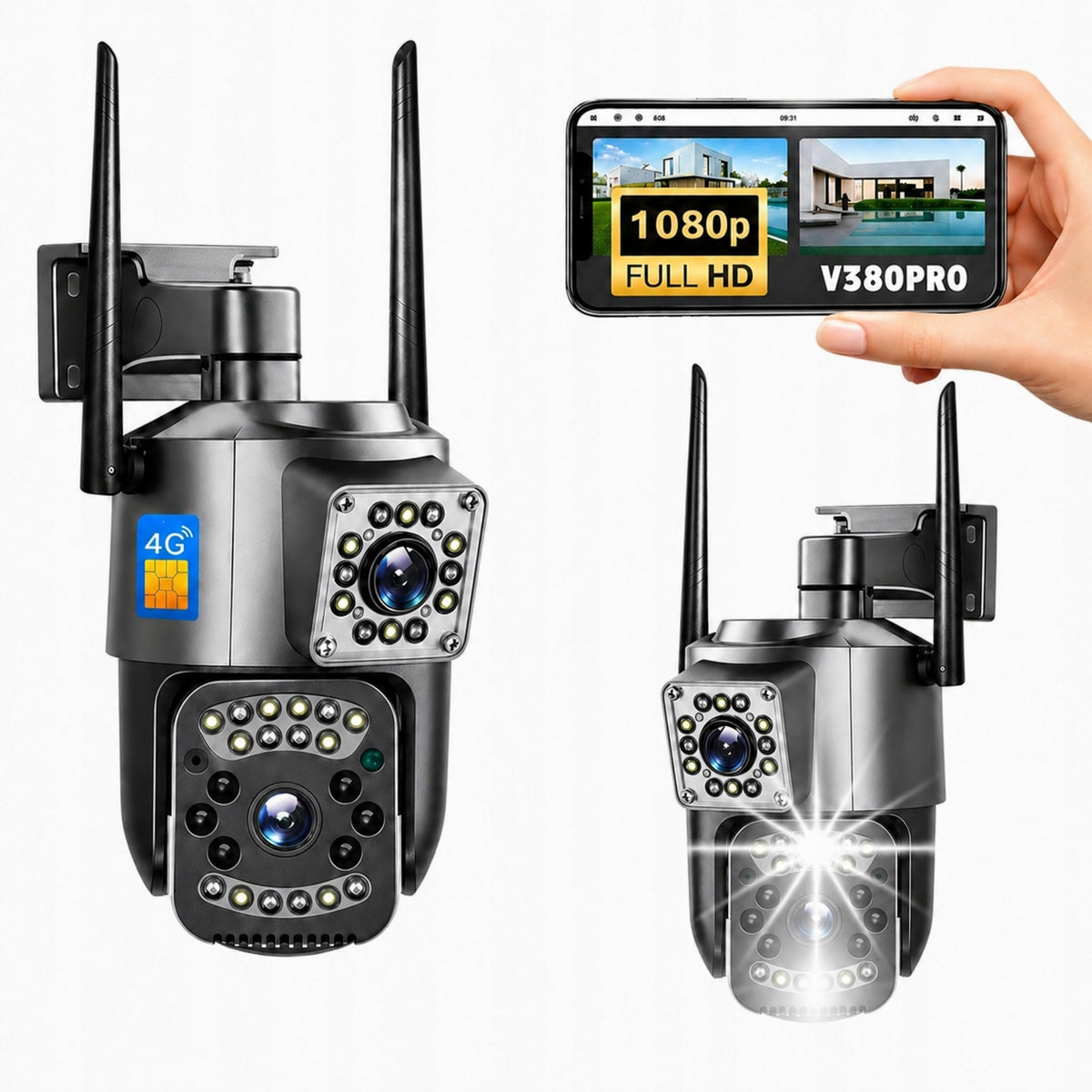 Outdoor 4K HD Camera Two 8MP Lenses For 4G LTE Rotating SIM Card