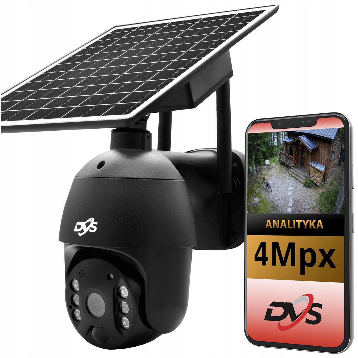 Outdoor Black Rotating Solar WiFi Camera 4 Mpx Large Solar Battery DVS