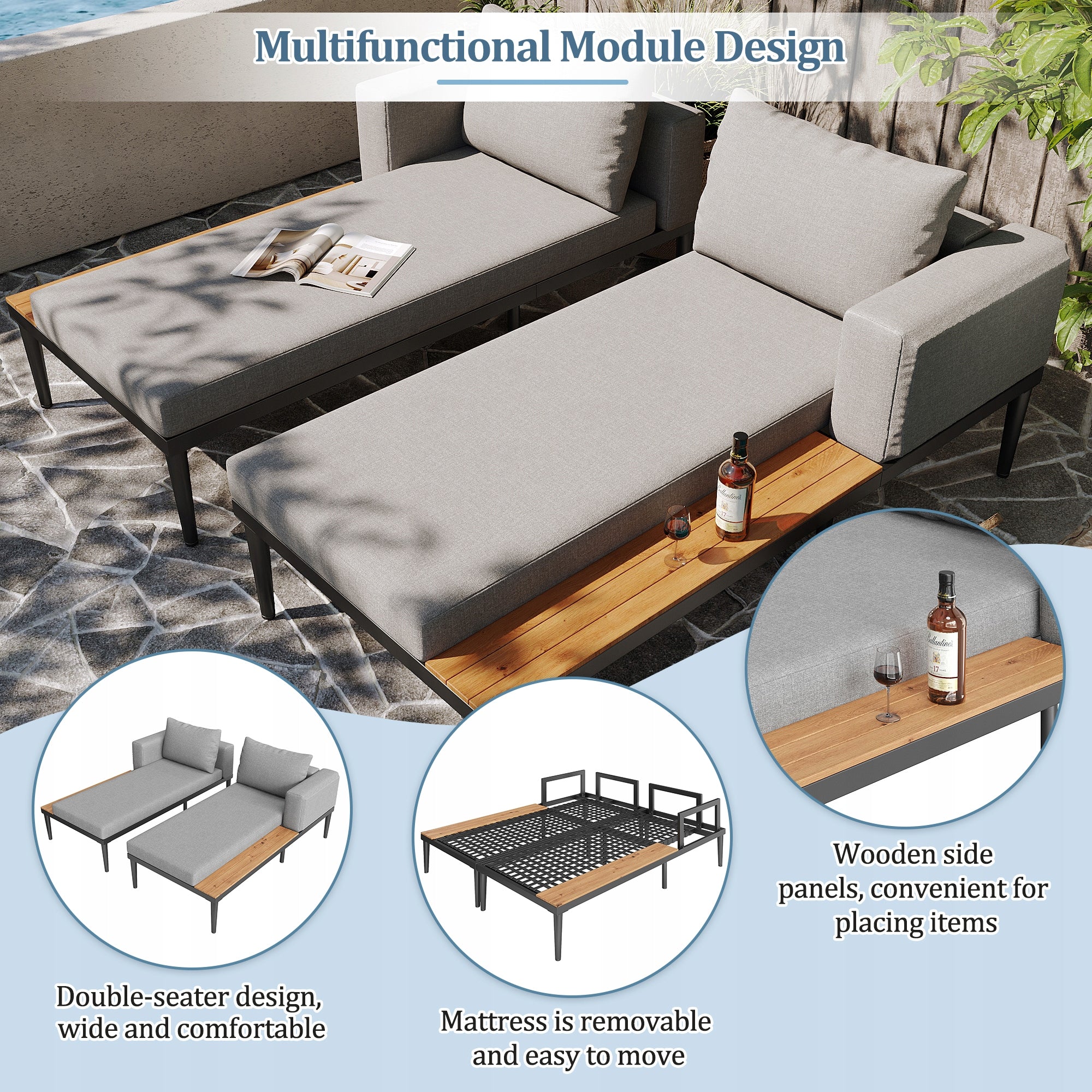 Outdoor Double Daybed with Shelves, Waterproof LoungeBed for Patio & Garden Frame material metal