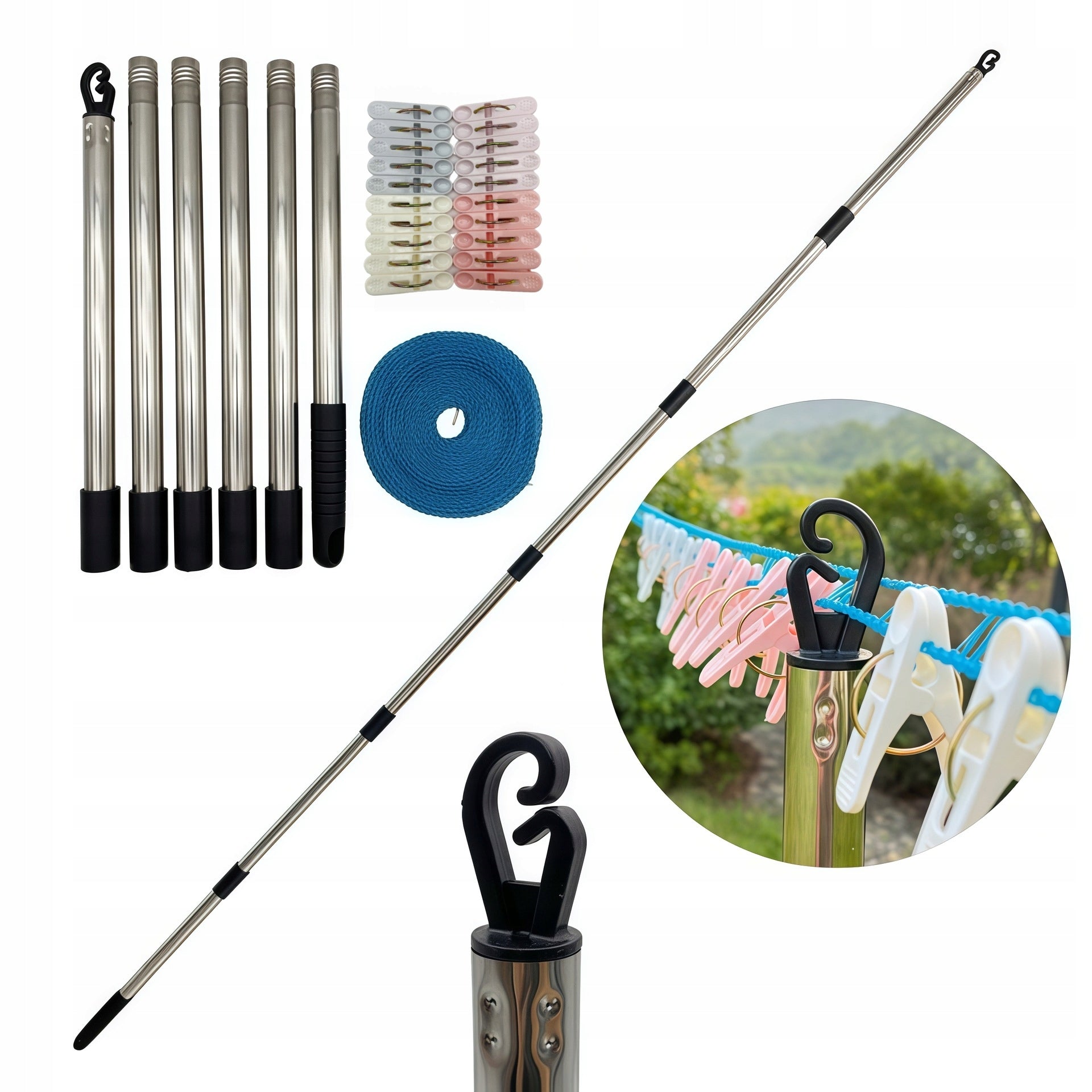 Outdoor Laundry Support Frame Nylon Clothesline with Clothespins Set