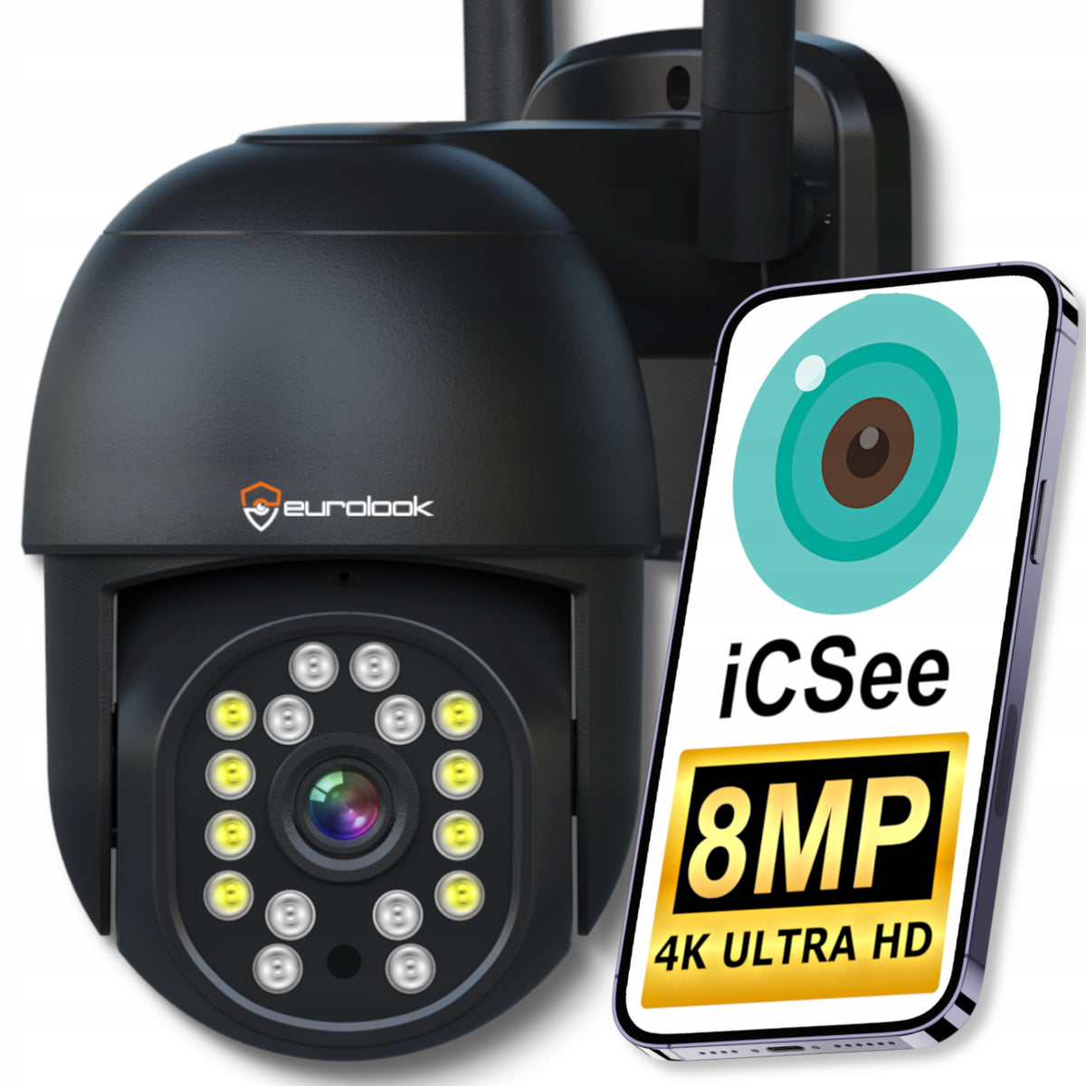 Outdoor WiFi Camera Rotating 8MPx ZOOM UHD 2160p 4K NOTIFICATIONS BLACK
