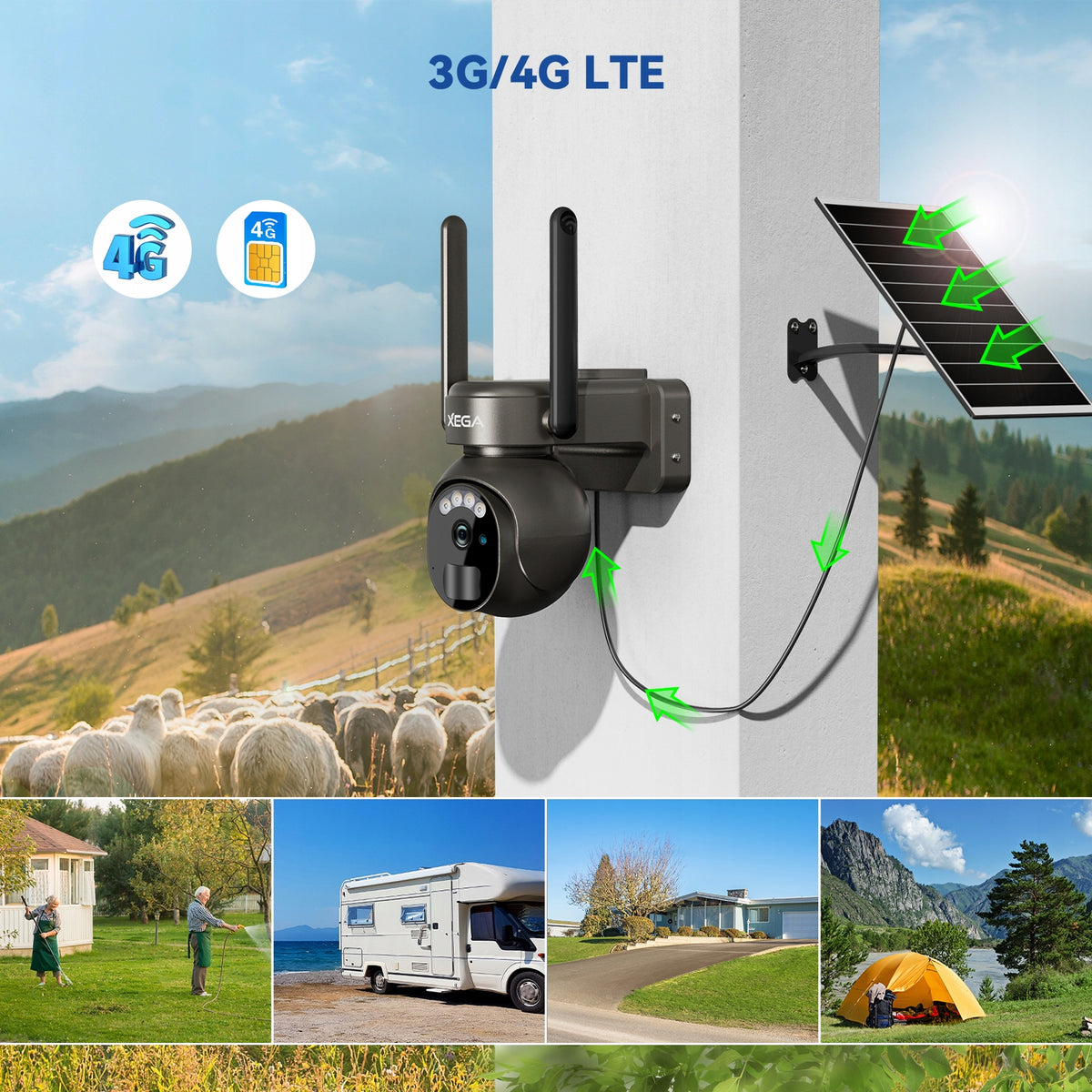 Outdoor solar camera Xega 4G LTE with SIM card, 2K HD, PTZ function Packaging status original