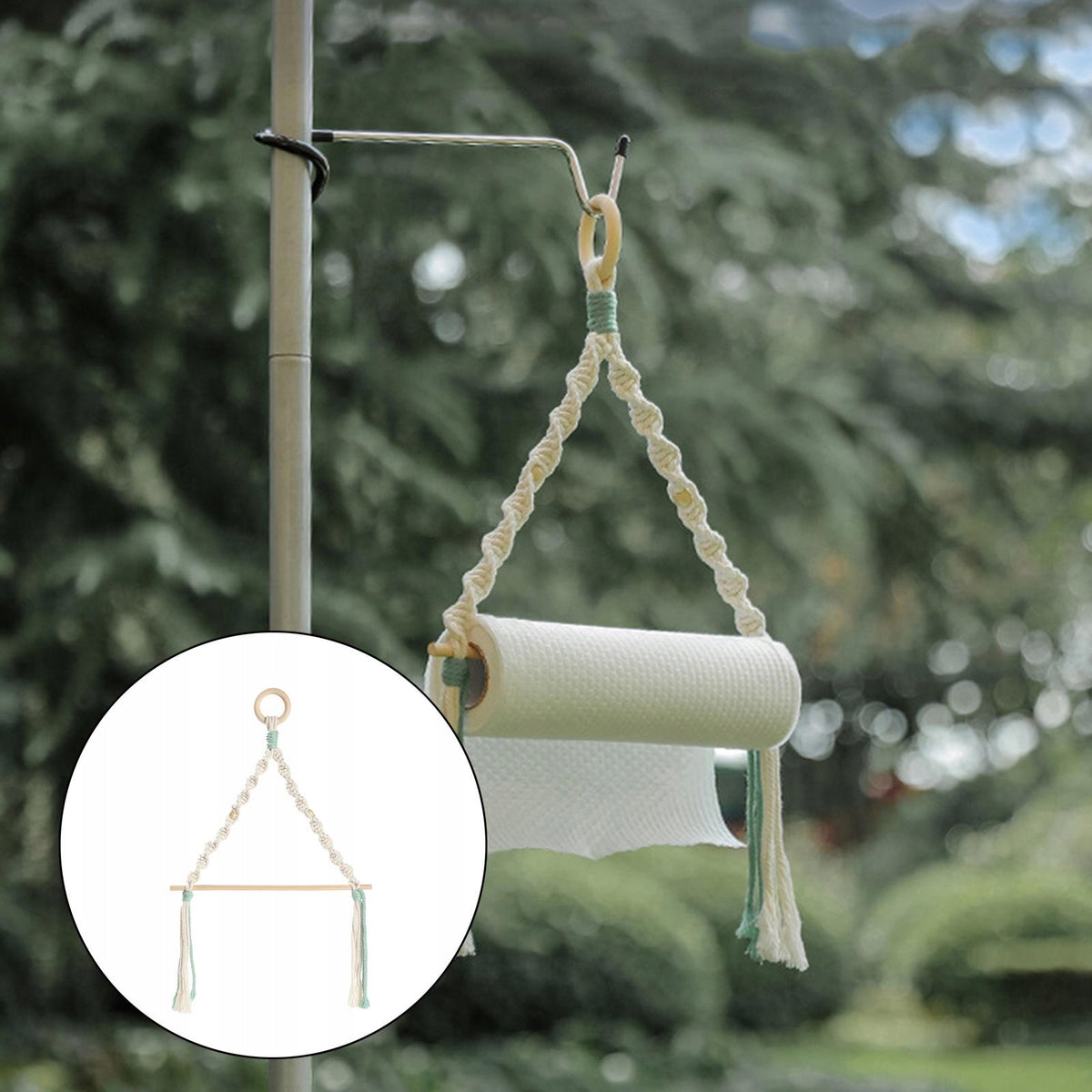 Outdoors Hanging Roll Holder Camping Storage Rack Wooden Stick Green Packaging status no packaging