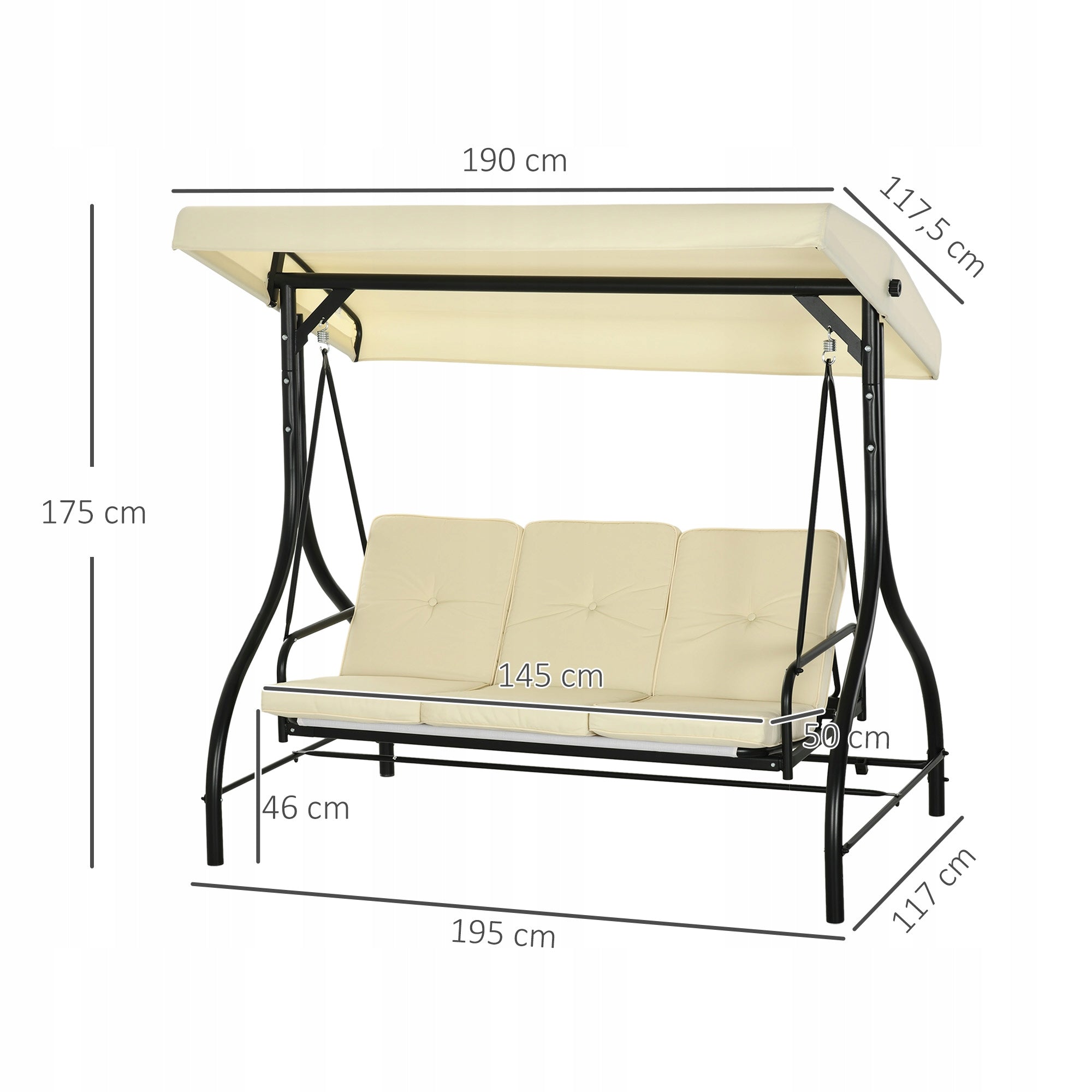 Outsunny 2-in-1 Garden Swing, 3-Person, with Reclining Function, Beige Seat length 145 cm