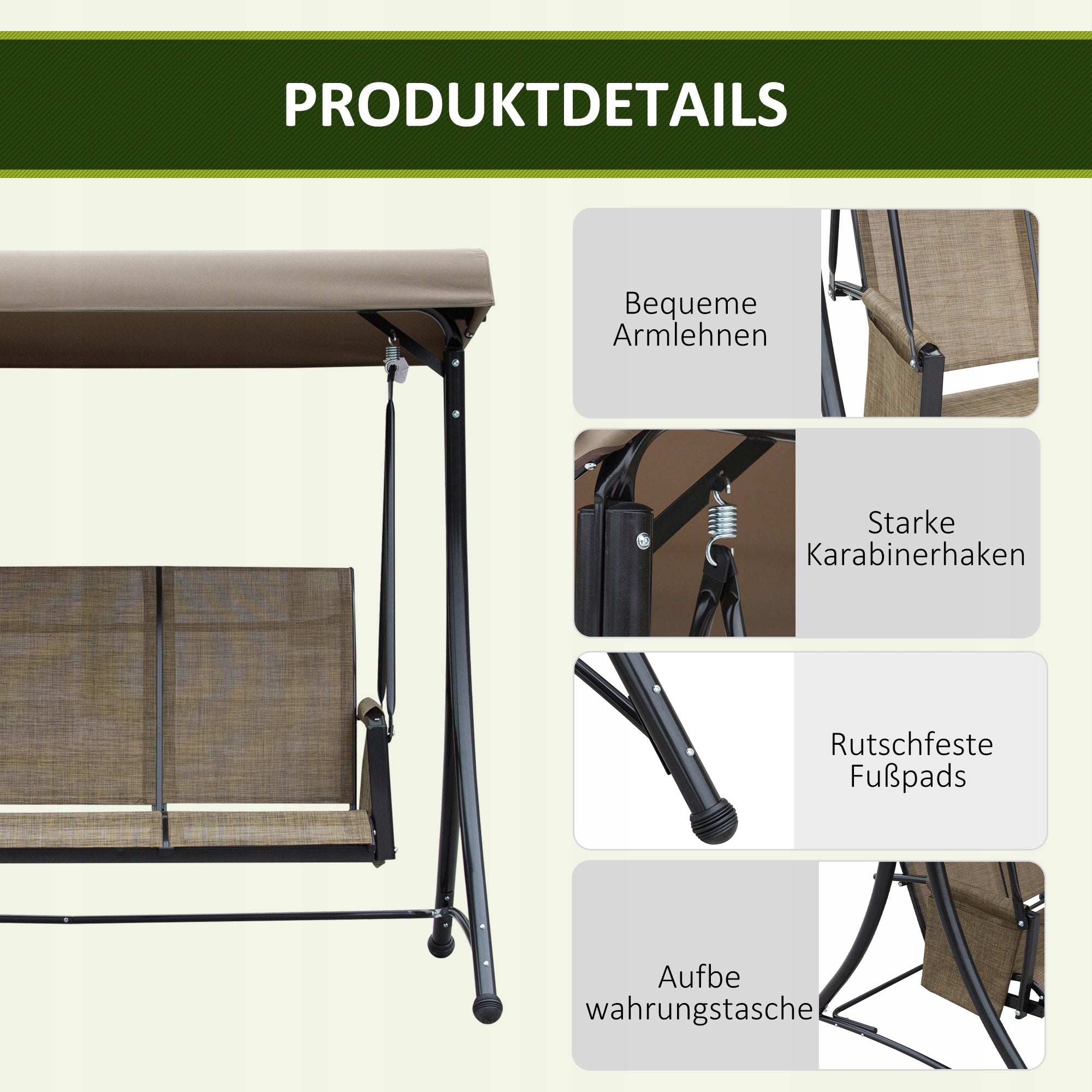 Outsunny 3-Person Garden Swing with Adjustable Canopy Brown Seat width 128 cm