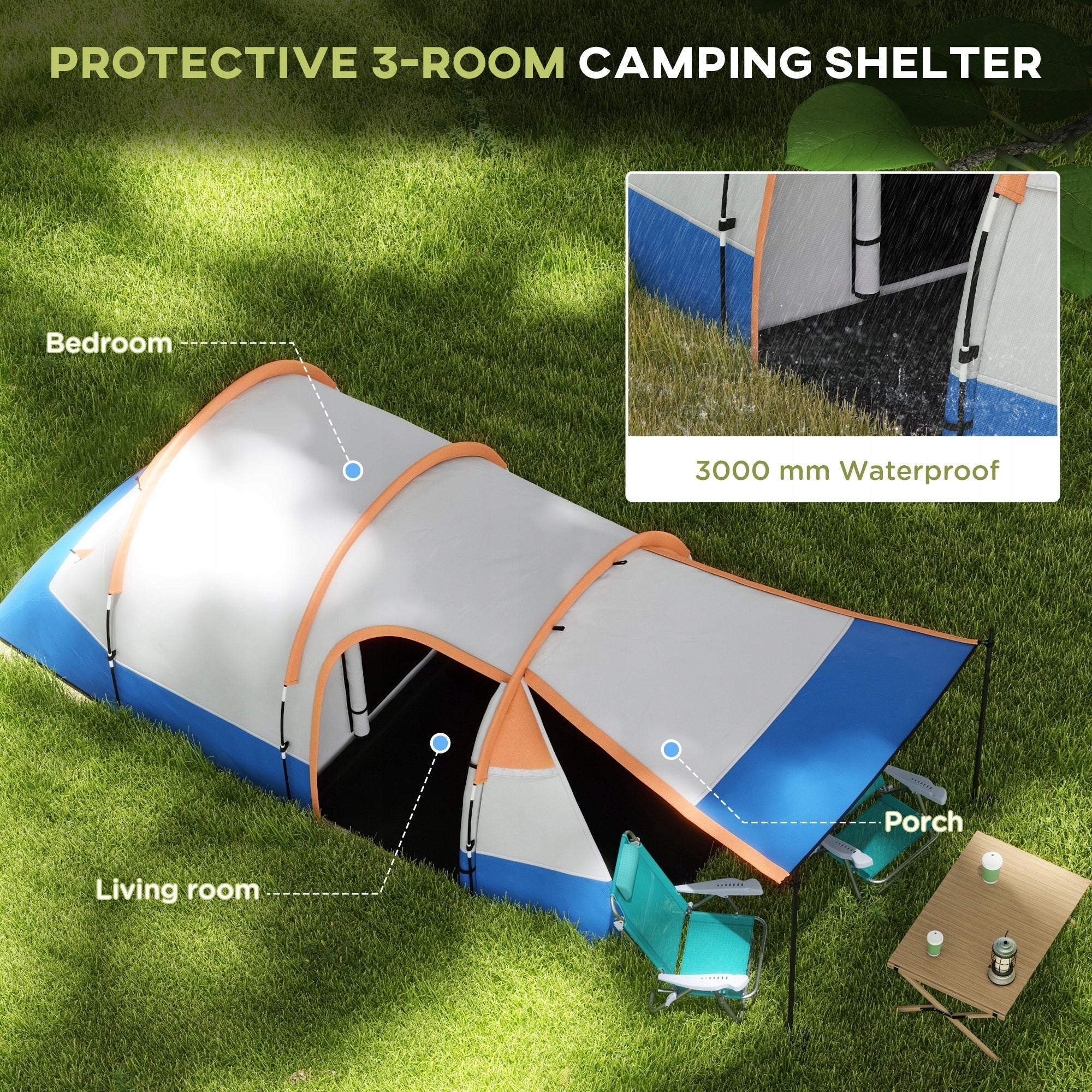 Outsunny 3-person tunnel tent with hook, vestibule, orange Brand Outsunny