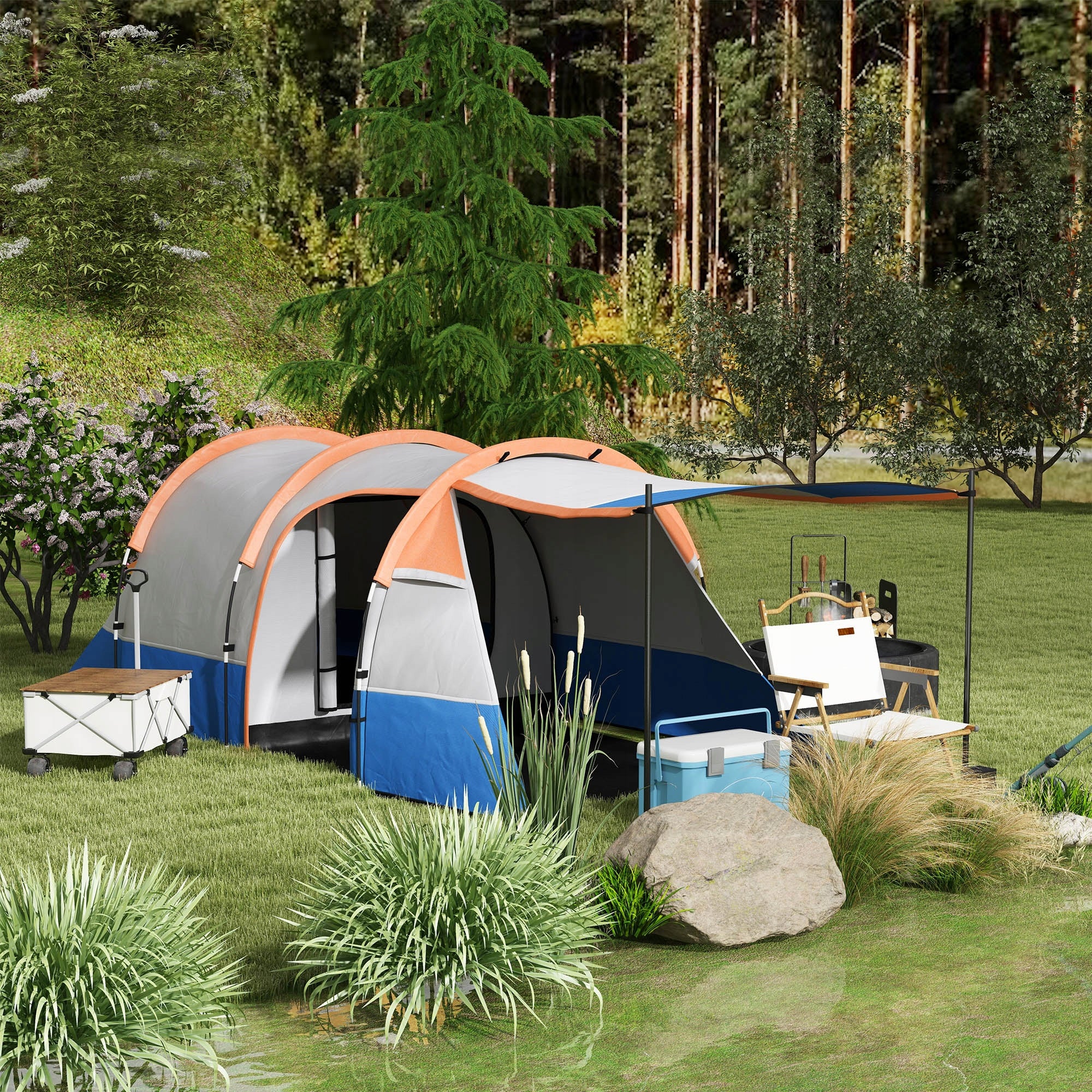 Outsunny 3-person tunnel tent with hook, vestibule, orange Manufacturer code A20-425V00OG