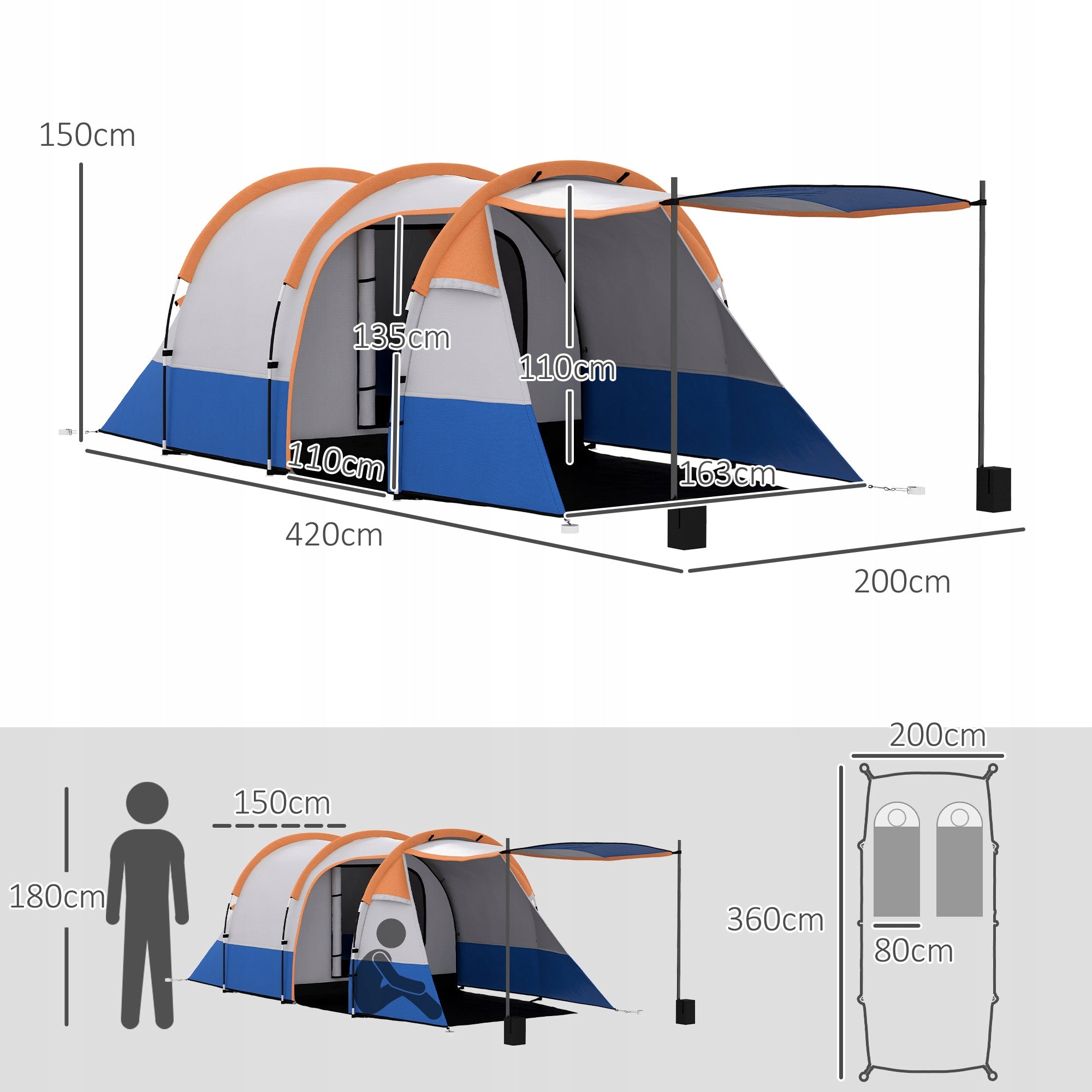Outsunny 3-person tunnel tent with hook, vestibule, orange Model Namiot tunelowy