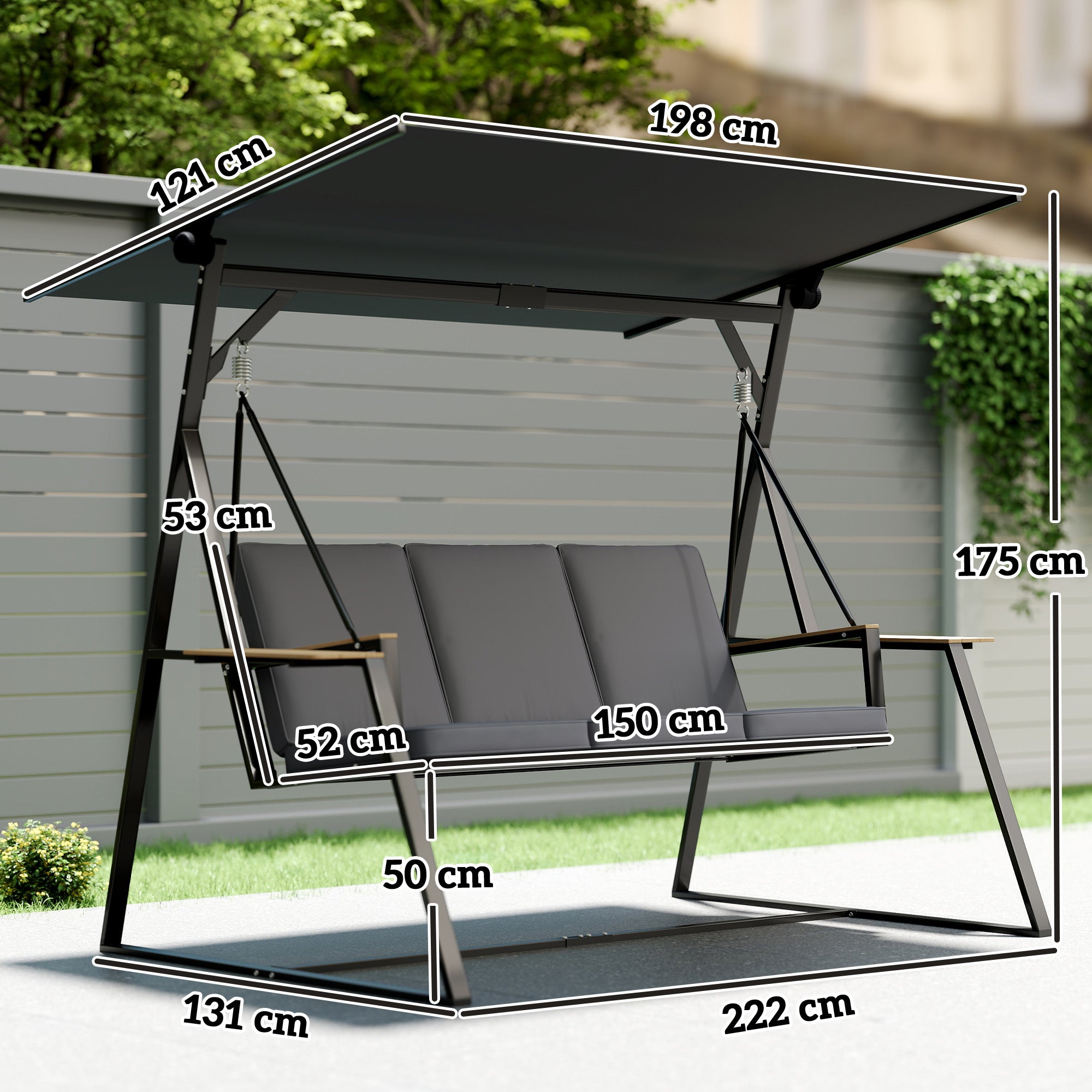 Outsunny 3-seater garden swing, 222 x 131 x 175 cm, grey Kind freestanding