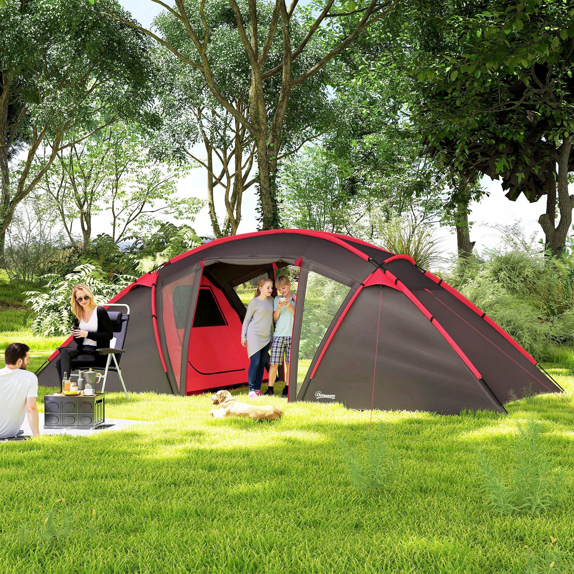 Outsunny 4-6-person family tent with 2 bedrooms and living room grey Color gray