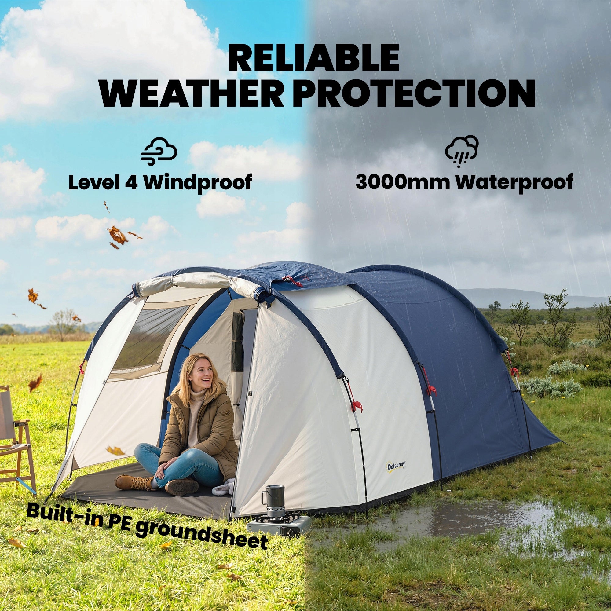 Outsunny 4-person tunnel tent with sleeping and living area 3000 mm Brand Outsunny