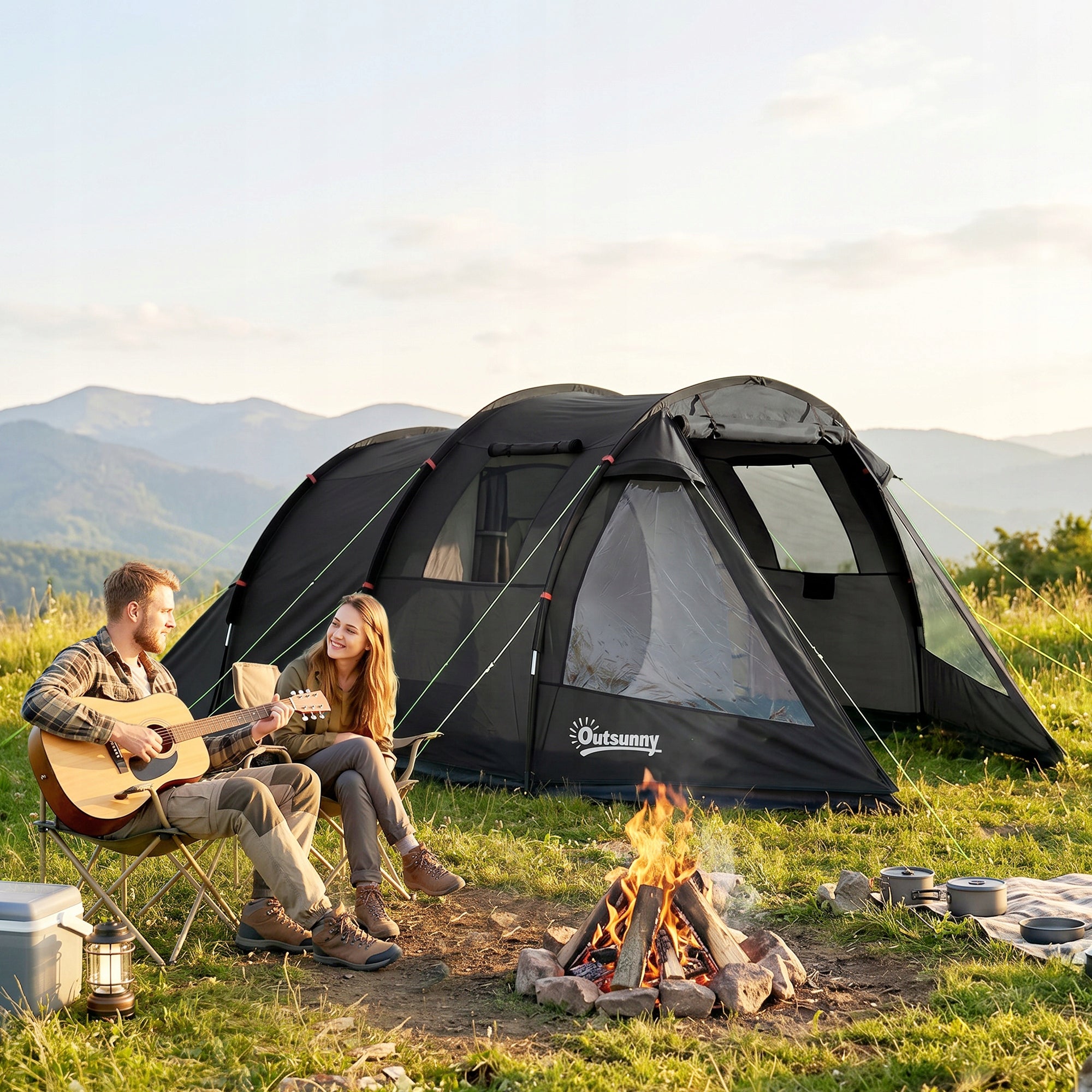Outsunny Camping tent for 3-4 persons with 2 rooms, dome with windows Color black