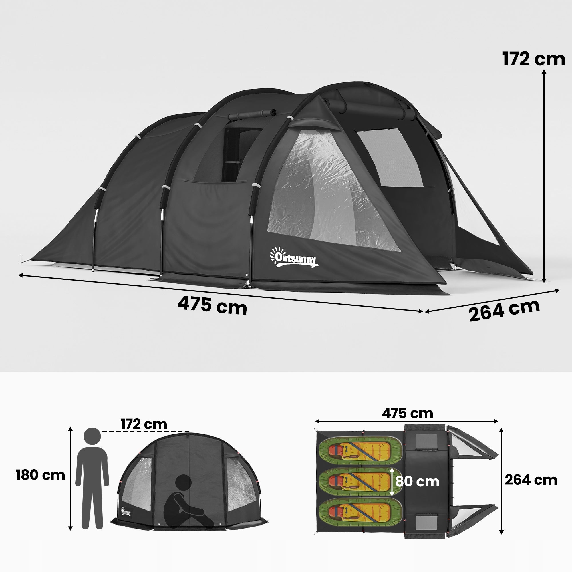 Outsunny Camping tent for 3-4 persons with 2 rooms, dome with windows Model A20-285V00BK