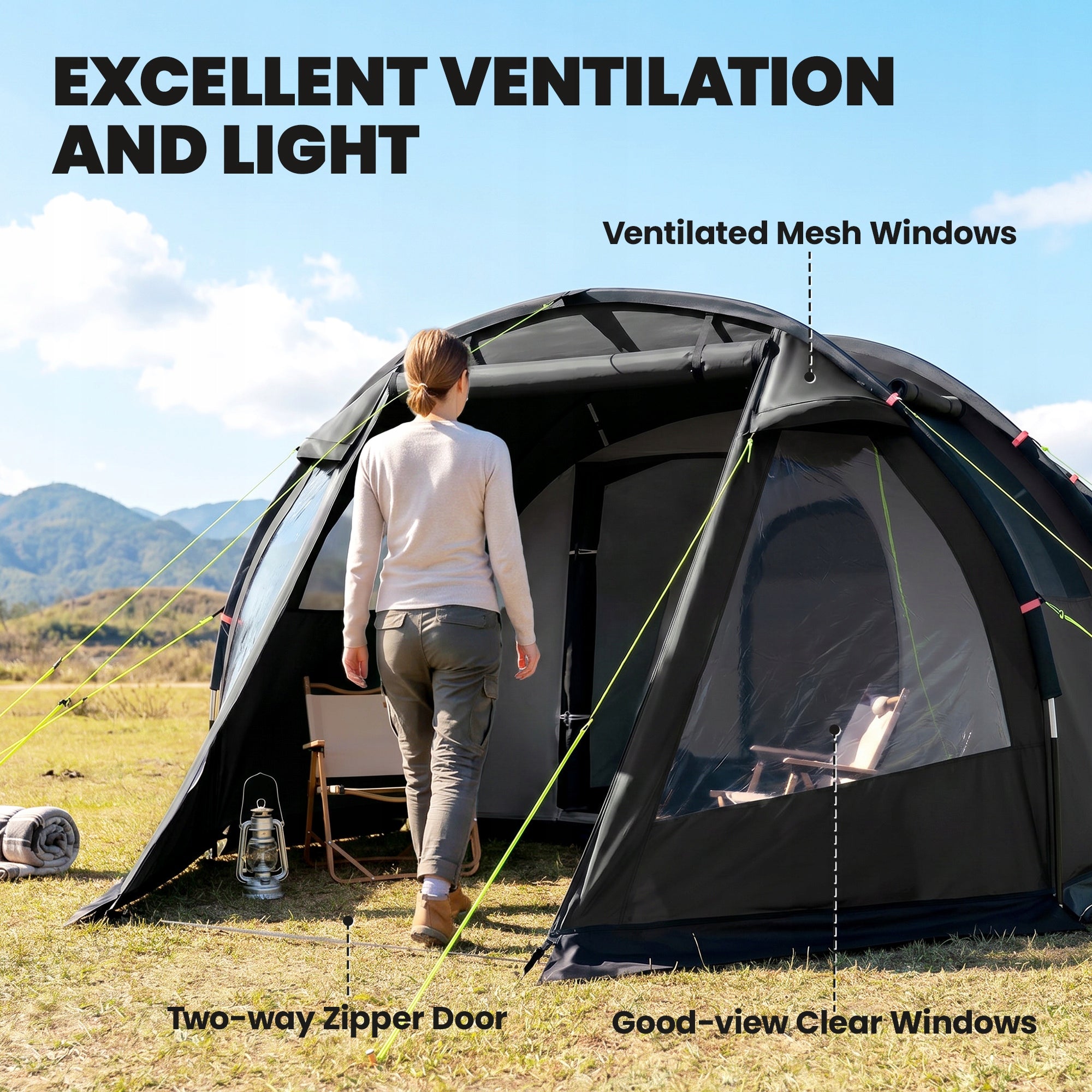 Outsunny Camping tent for 3-4 persons with 2 rooms, dome with windows Waterproofness 2000 mm