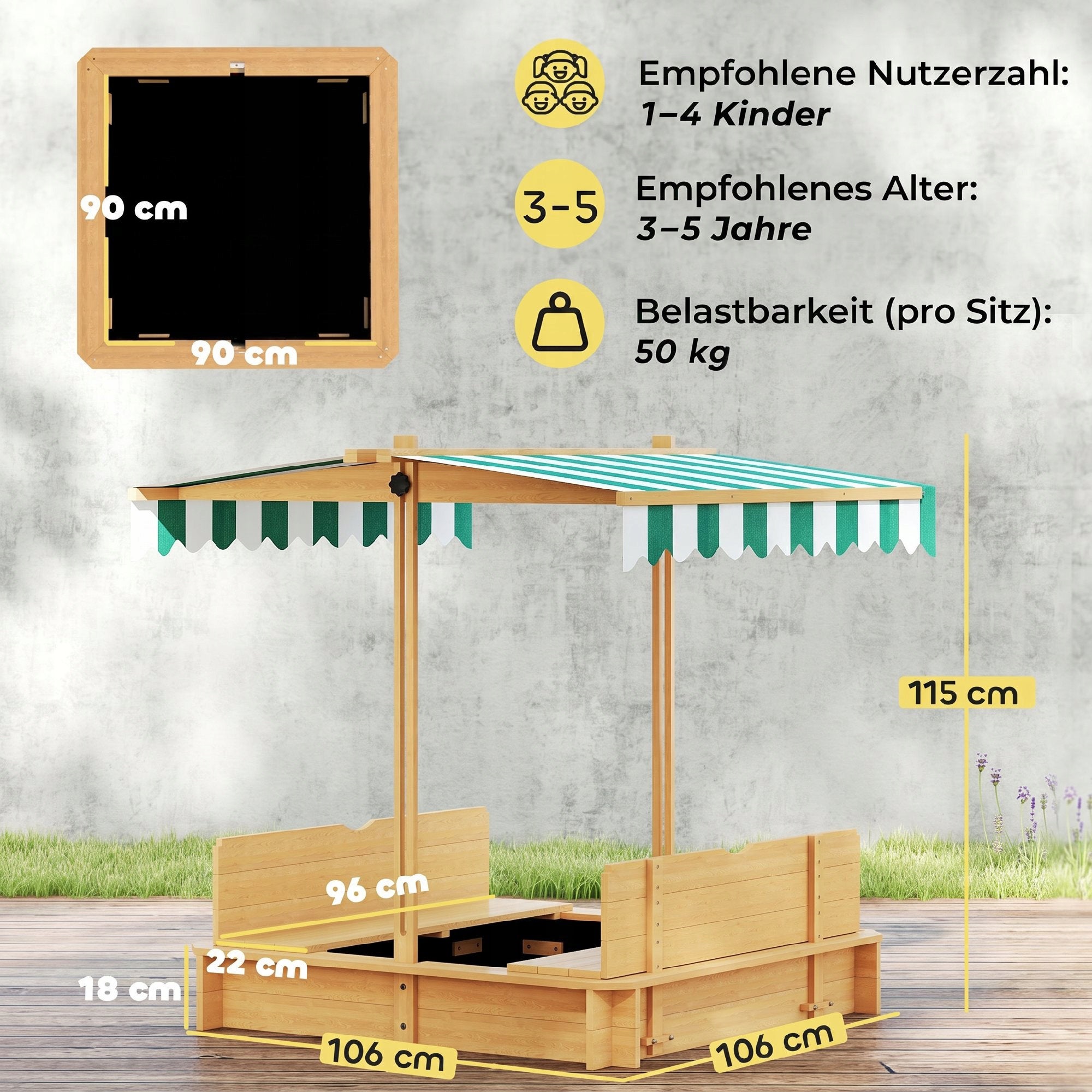 Outsunny Sandbox 106x106 cm for children with adjustable cover and benches Kind wooden
