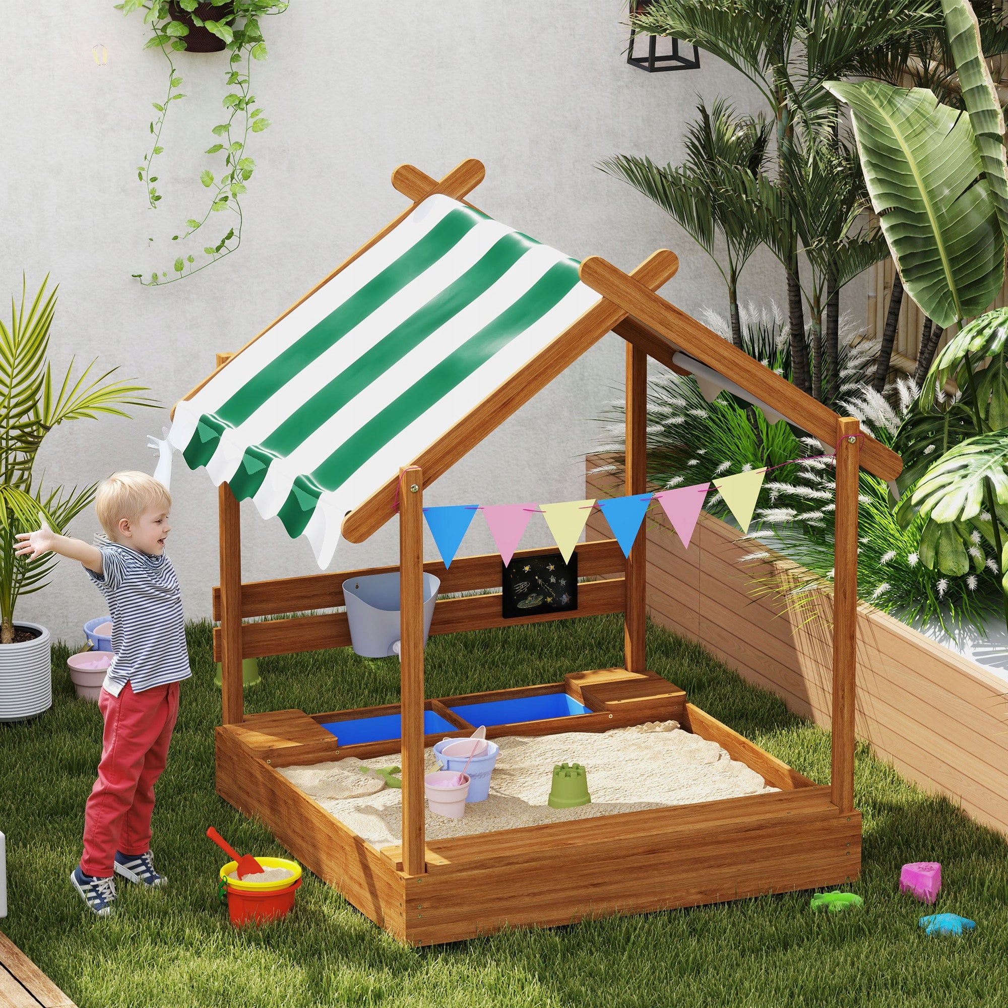 Outsunny Sandbox with roof, wooden, for 3-7 years, green Manufacturer code 343-063V00OG