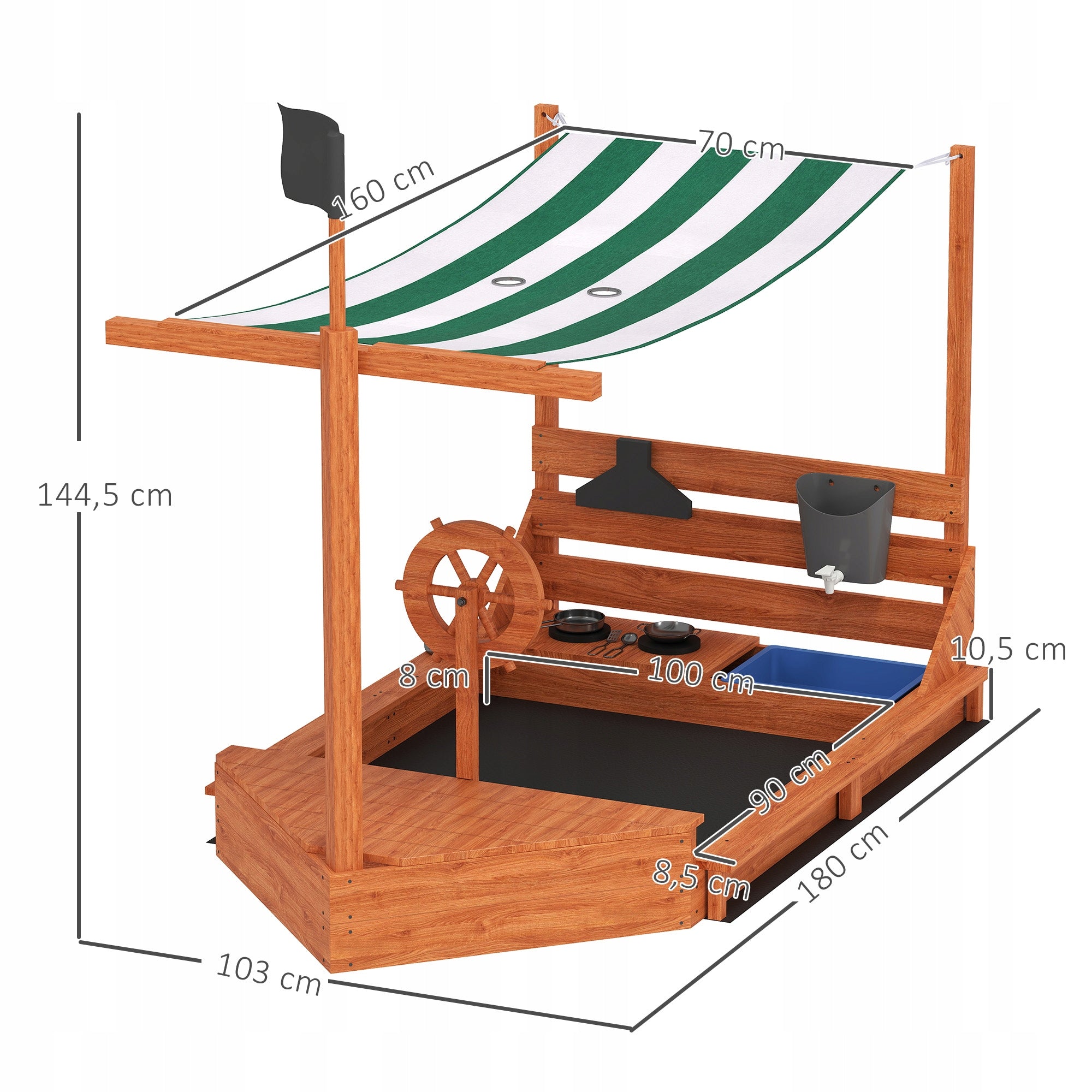 Outsunny Ship Shaped Wooden Sandbox, Green and White Kind wooden