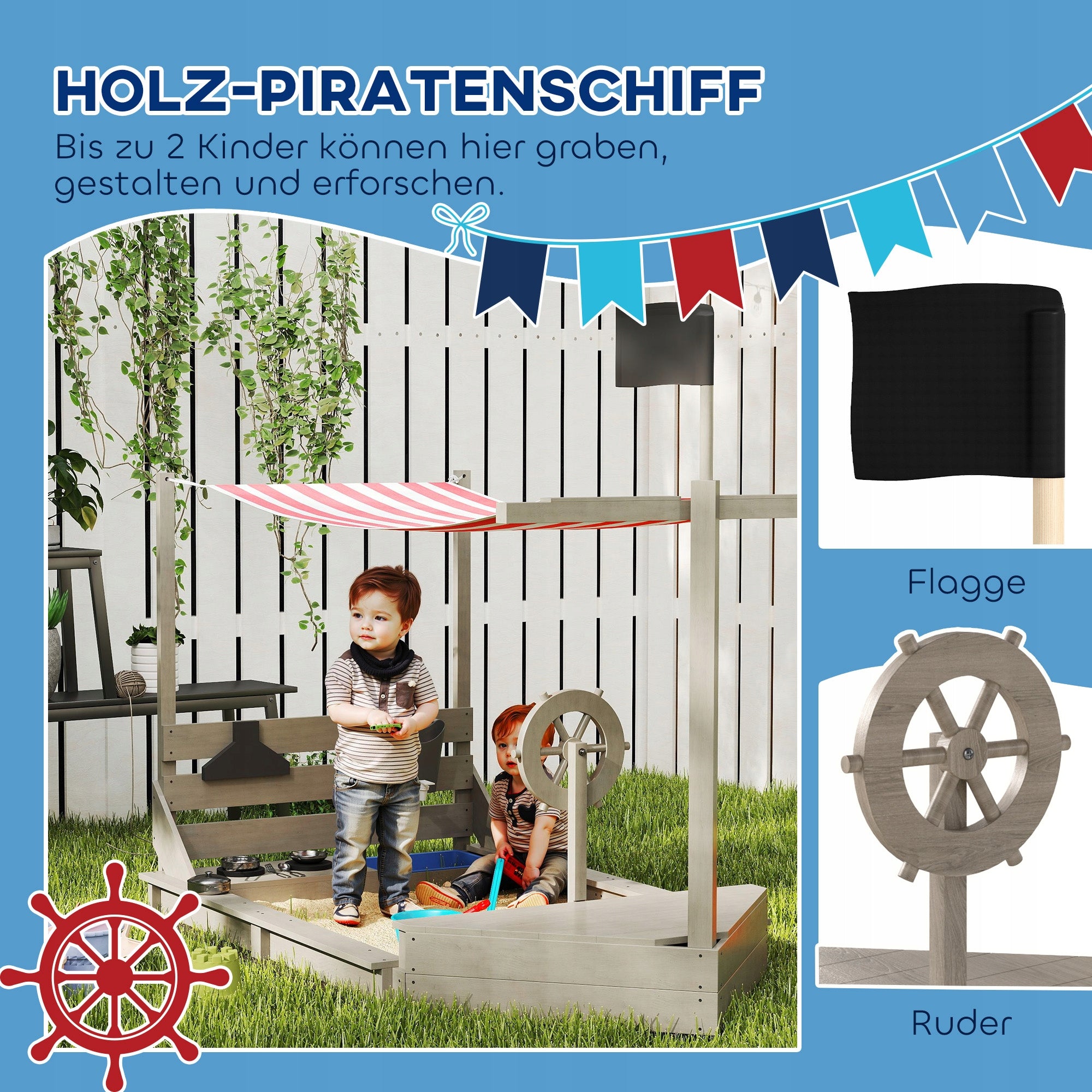 Outsunny Ship Shaped Wooden Sandbox, Grey Brand Outsunny
